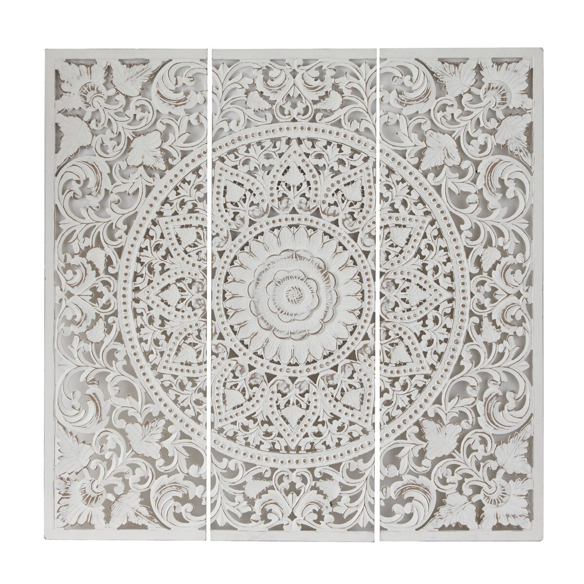 Wooden Floral Handmade Intricately Carved Home Wall Decor with Mandala Design - Set of 3 White - Roche River Decor