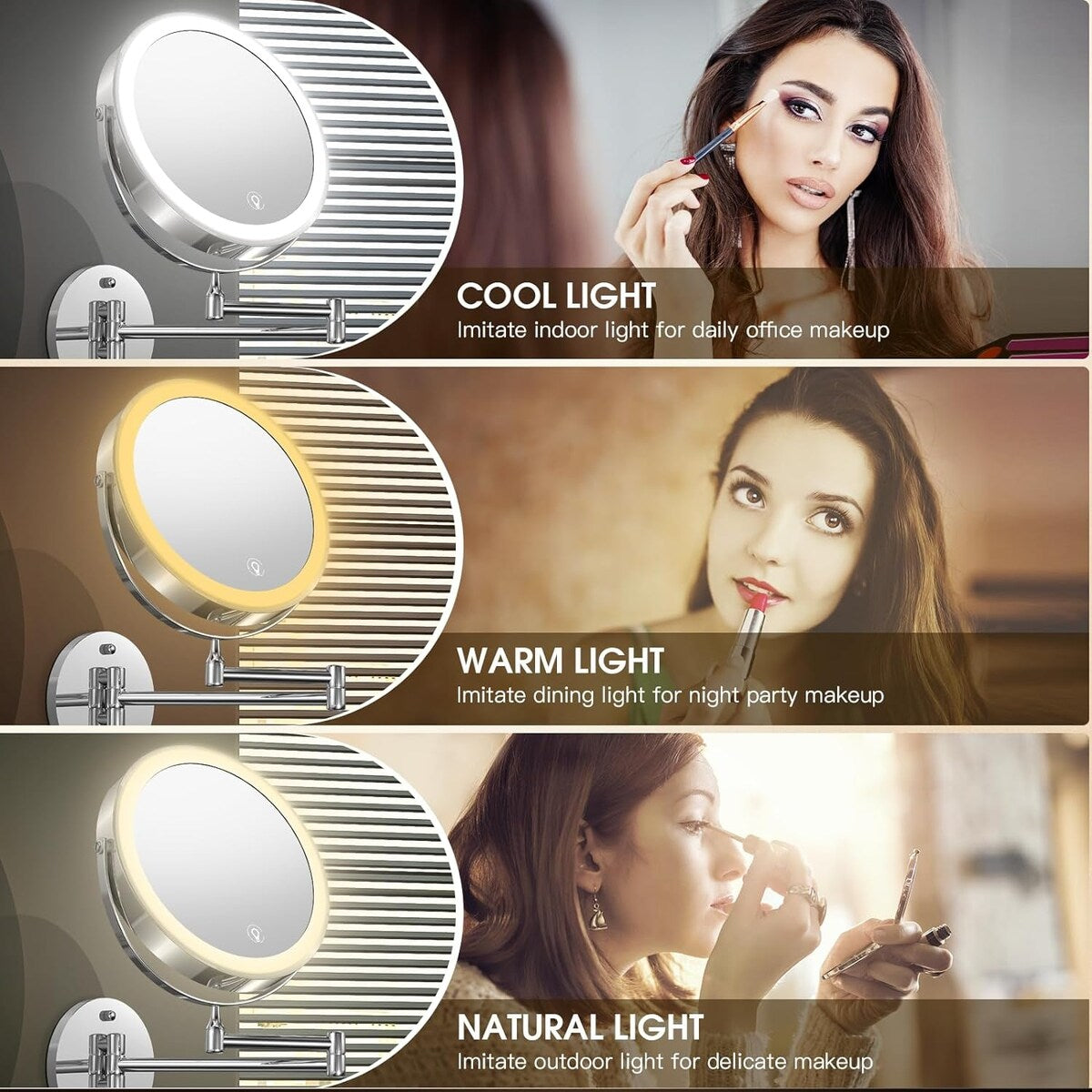 8 Rechargeable Double-Sided Magnifying Mirror, 3 Colors Led Vanity Mirror, 360° Rotation Foldable Light up Mirror - 8 inch