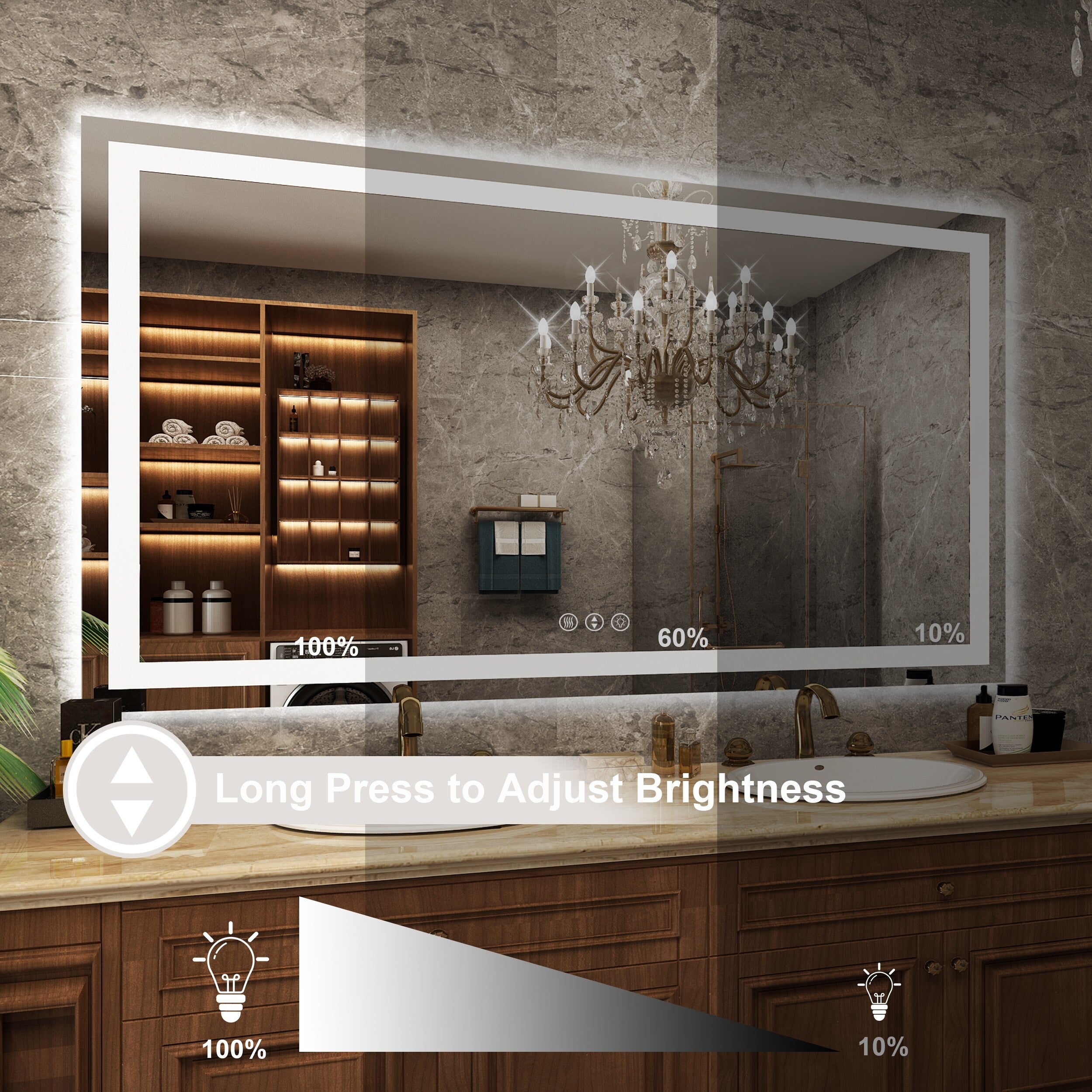 Large Rectangular Frameless Anti-Fog LED Light Wall Mounted Bathroom Vanity Mirror in White - N/A