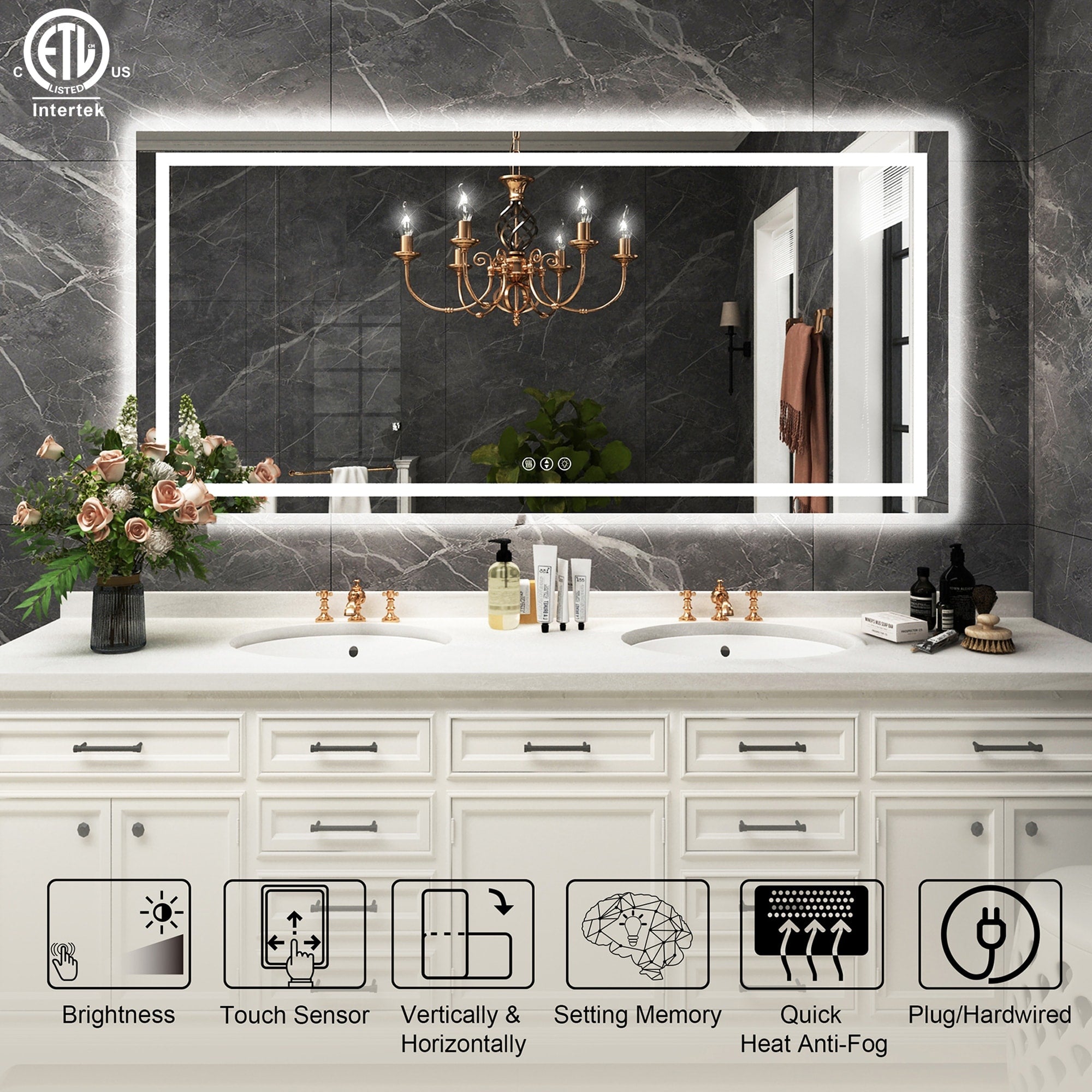 Large Rectangular Frameless Anti-Fog LED Light Wall Mounted Bathroom Vanity Mirror in White - N/A