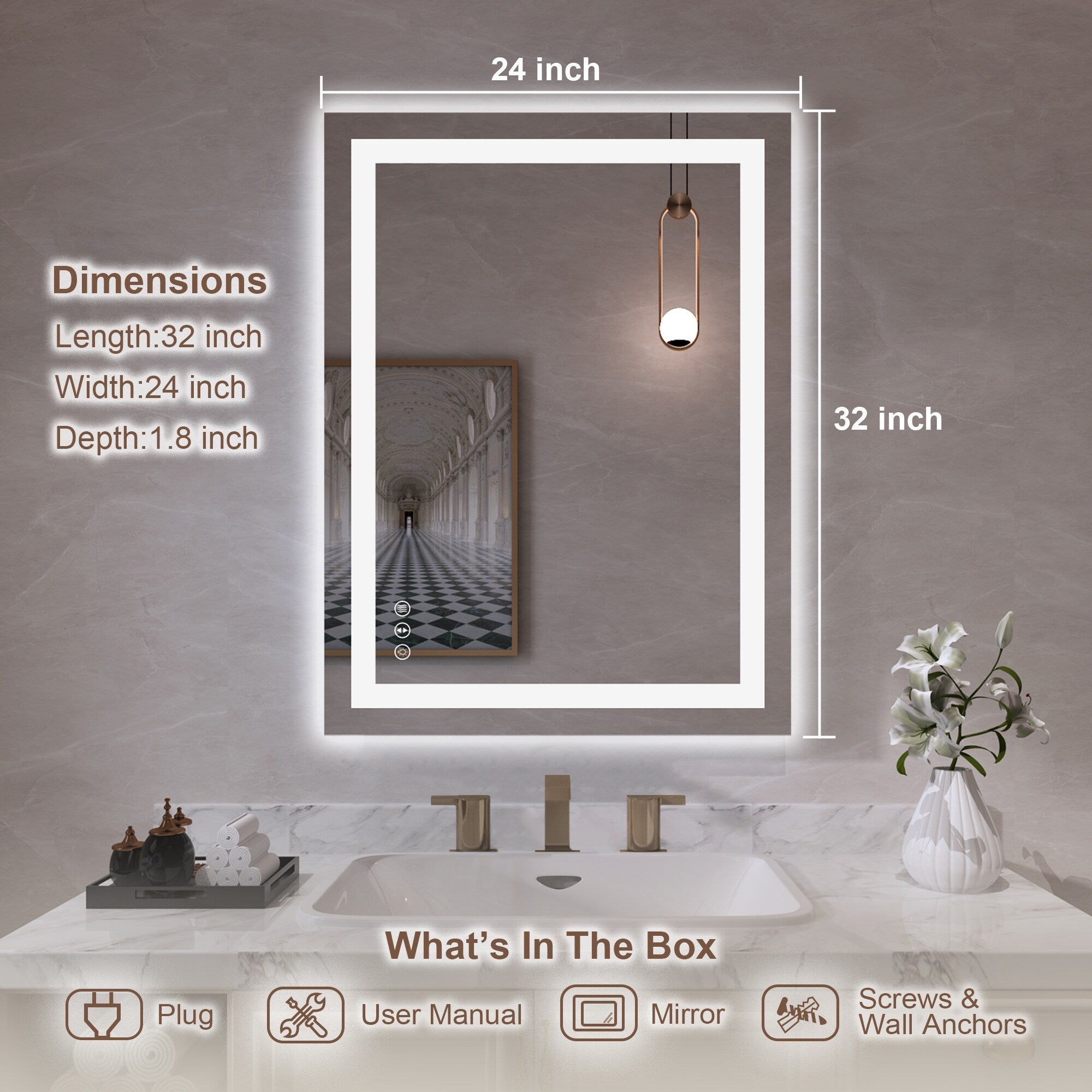 Large Rectangular Frameless Anti-Fog LED Light Wall Mounted Bathroom Vanity Mirror in White - N/A