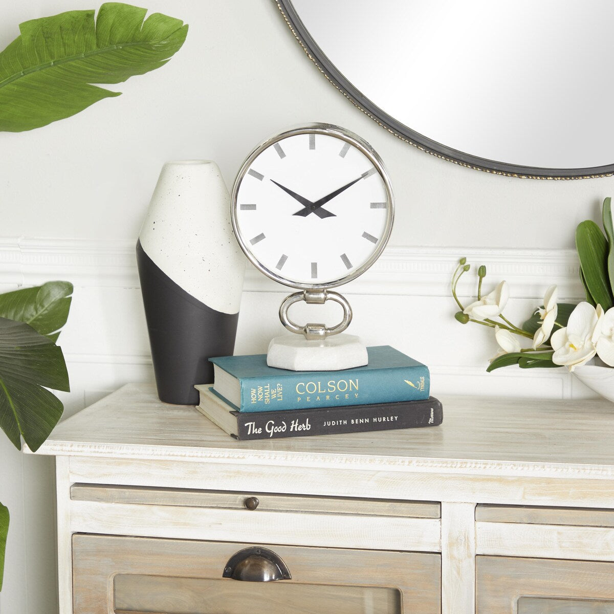 Stainless Steel Metal Decorative Clock with Marble Base - Silver - Roche River Decor