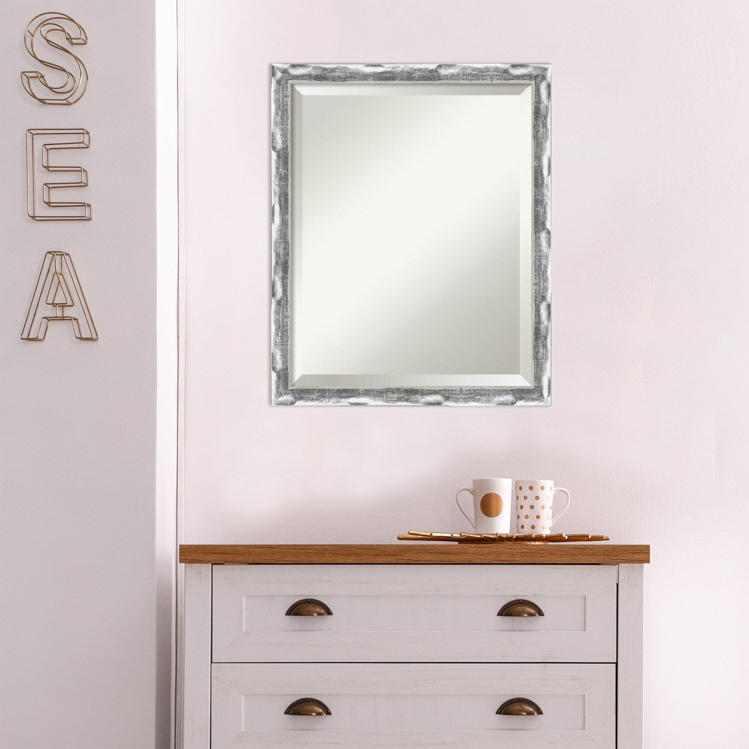 Beveled Bathroom Wall Mirror - Scratched Wave Chrome Frame - Scratched Wave Chrome