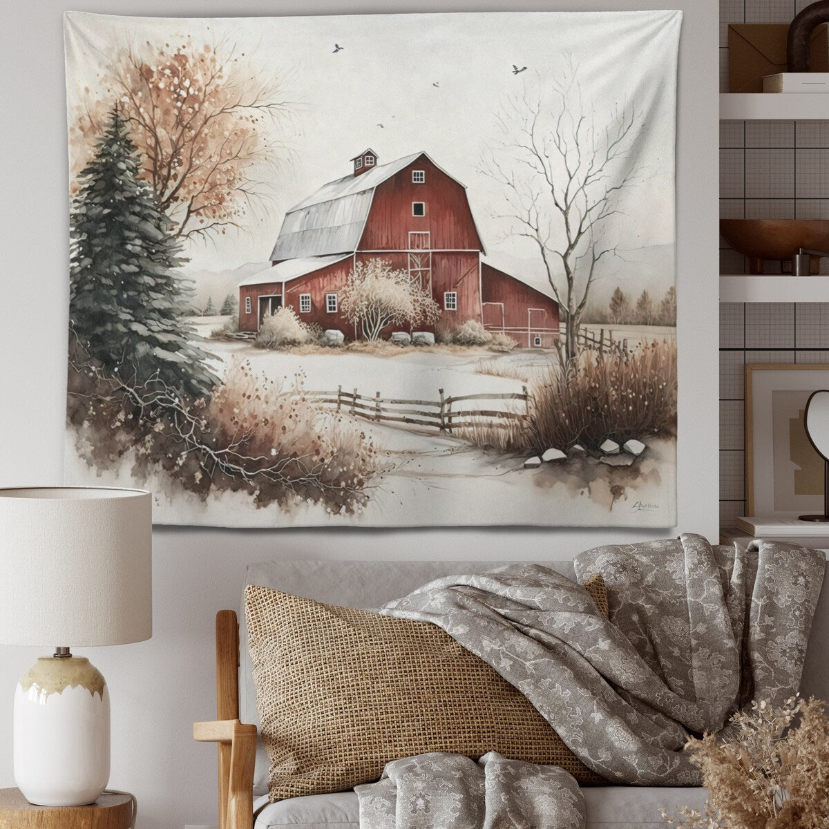 Designart 'Calm Red Barn In Winter I' Barn Landscape Wall Tapestry