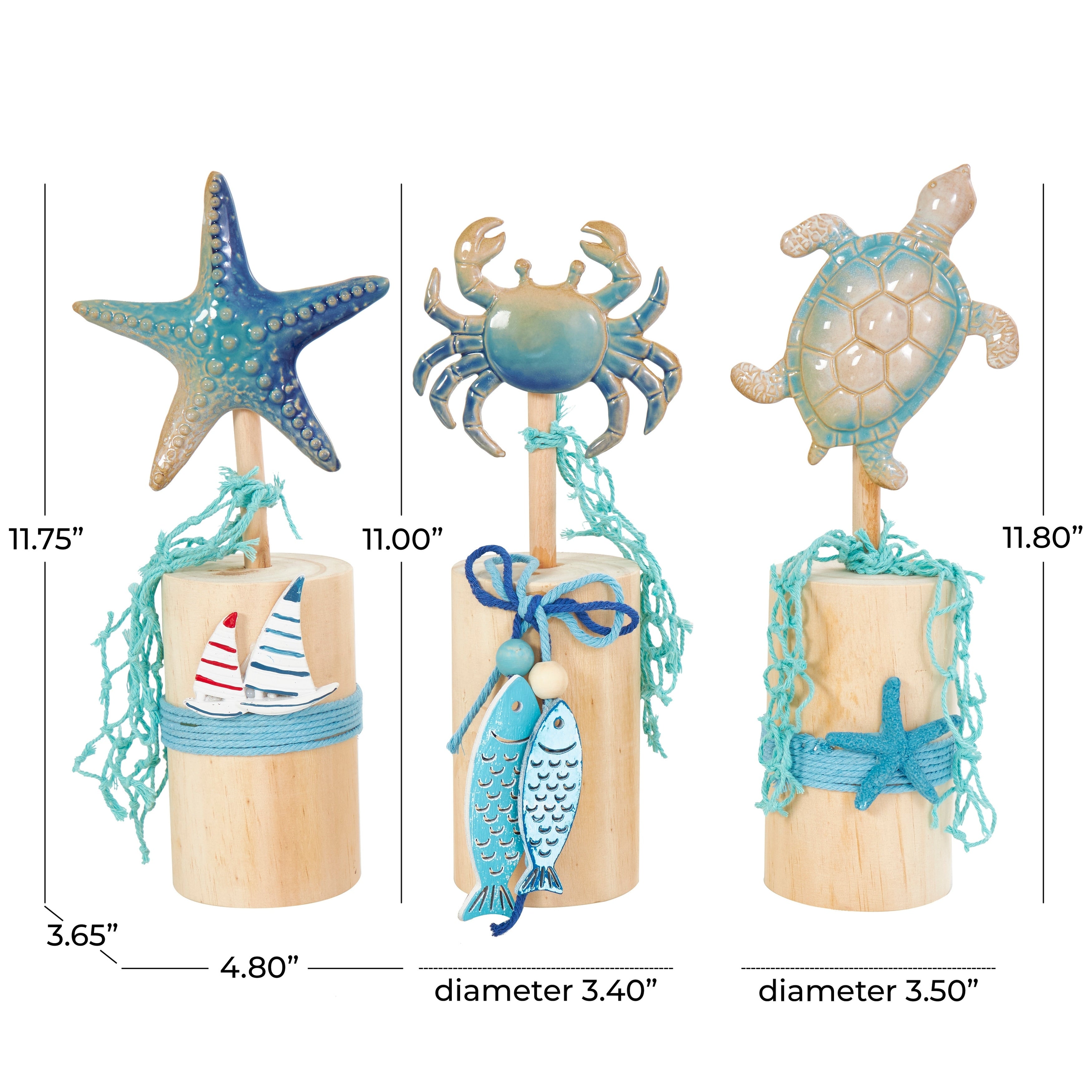 Blue Ceramic Handmade Ombre Sea Life Decorative Sculpture with Cylinder Block Bases and Netting Accents (Set of 3)