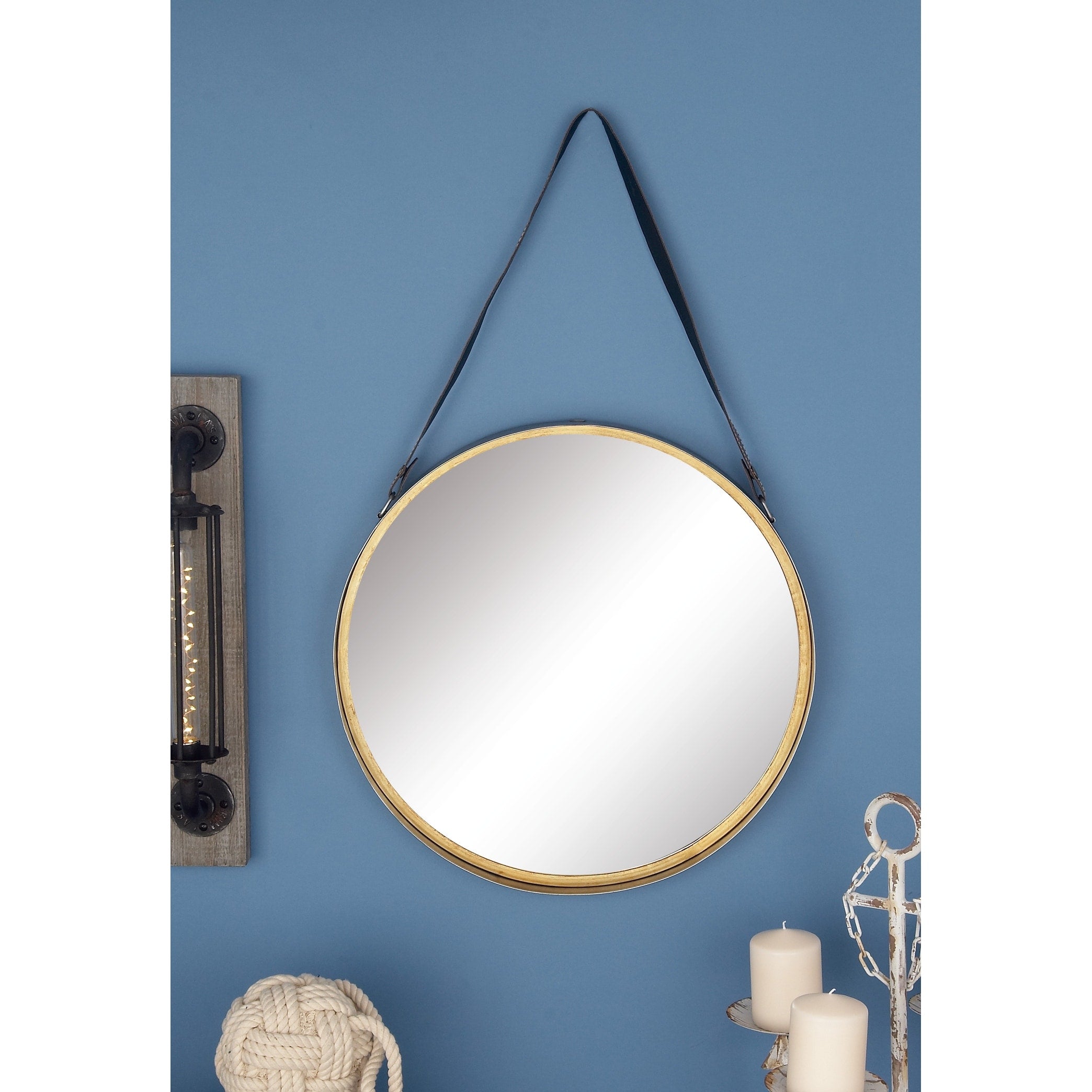 Gold Metal Room Wall Mirror with Leather Strap