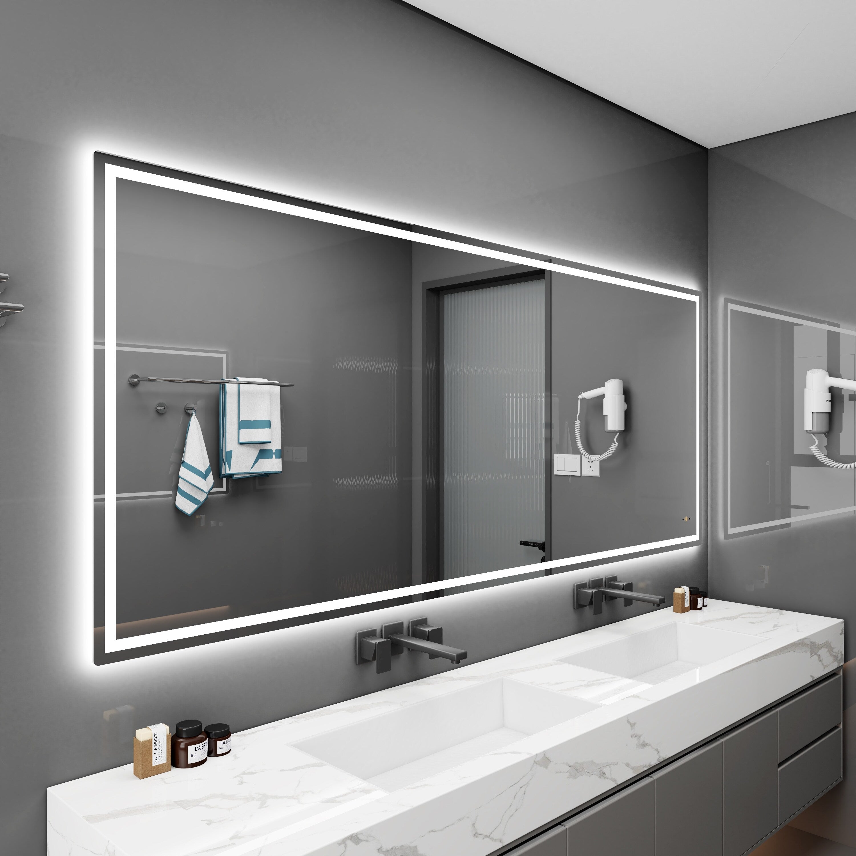 CB HOME Lighted Bathroom Vanity Mirror, LED Wall Mounted Mirror, Gesture Control Smart Lighted Mirror, Dimmable, Frameless