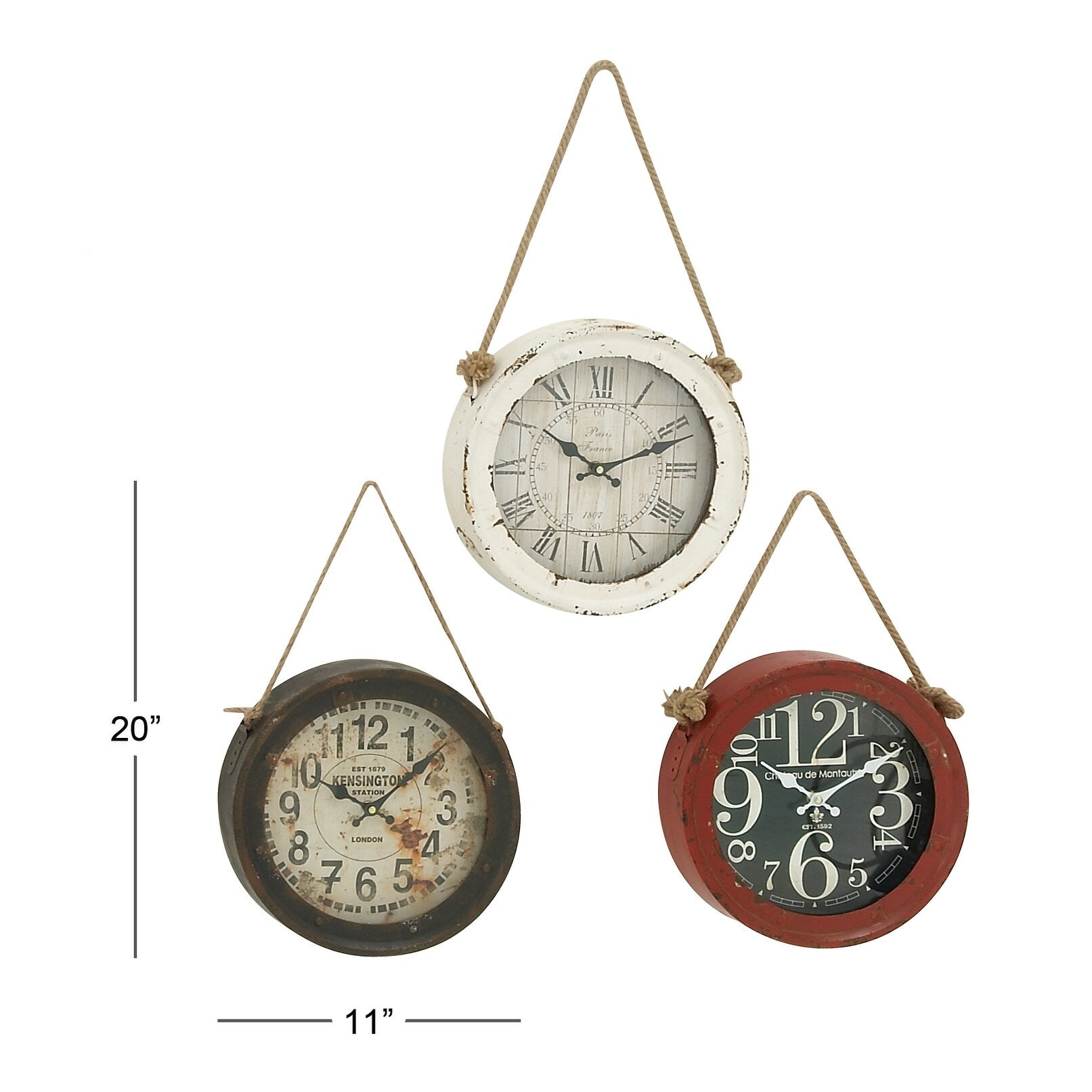 White Metal Decorative Wall Clock with Rope accents (Set of 3)