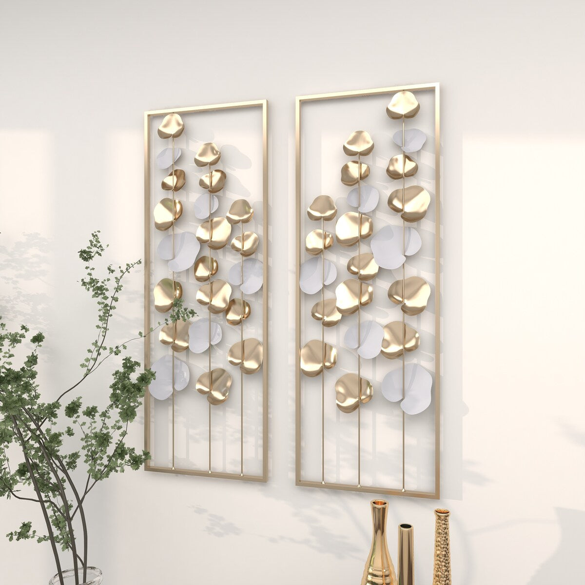 Metal Floral Long Stem Home Wall Decor with White Accents - Gold - Roche River Decor