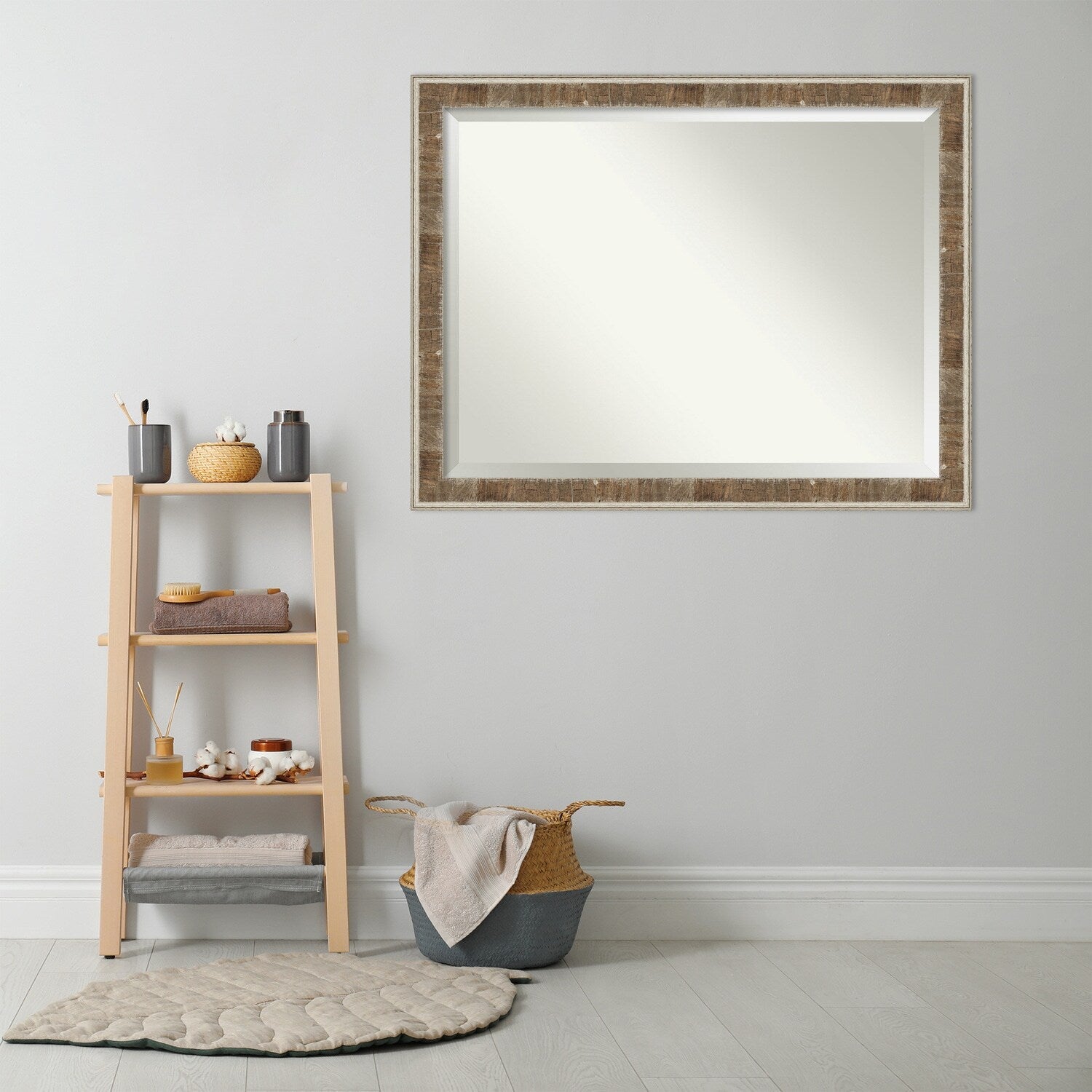 Beveled Wood Bathroom Wall Mirror - Farmhouse Brown Narrow Frame