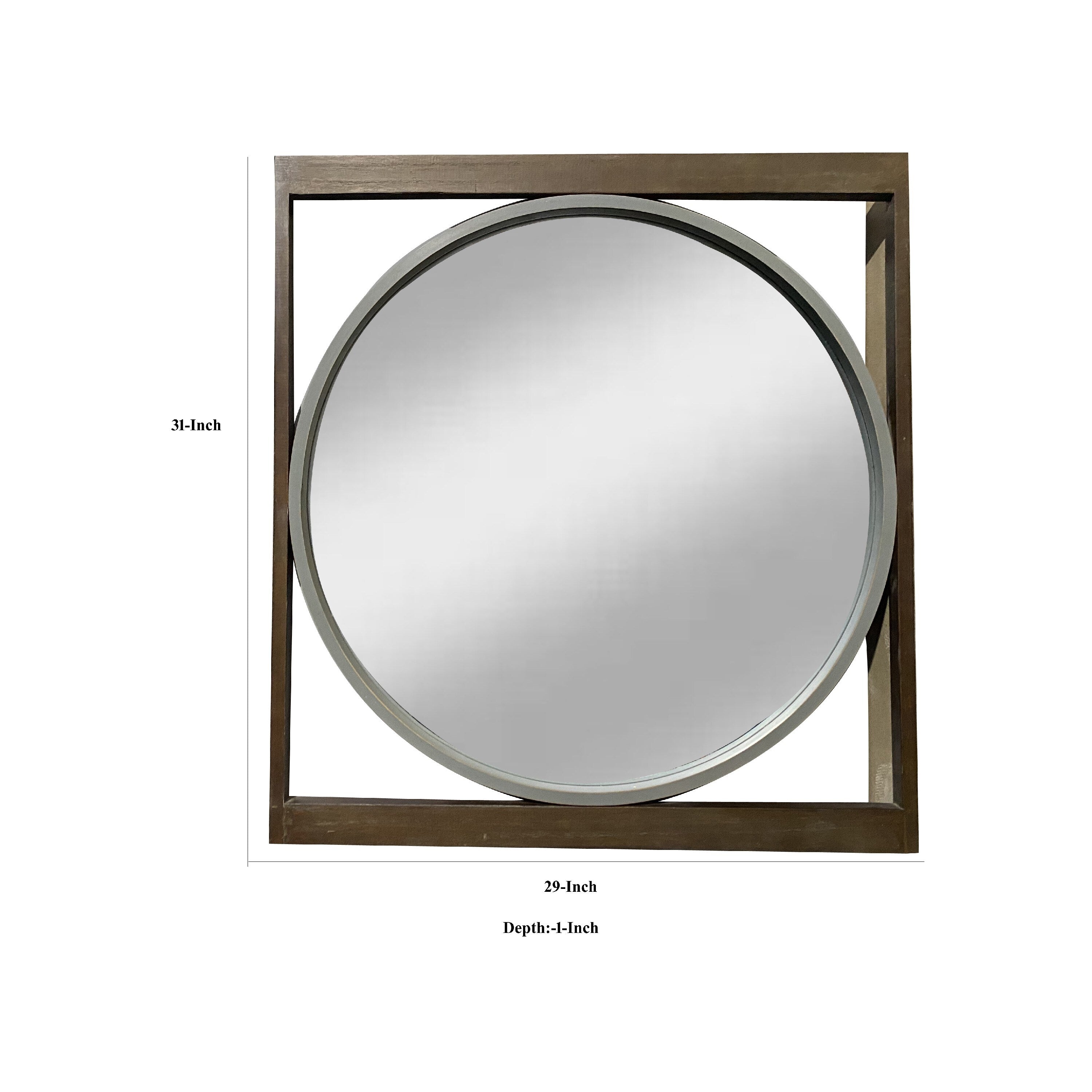 Round Wall Mirror with Rectangular Wooden Frame, Brown