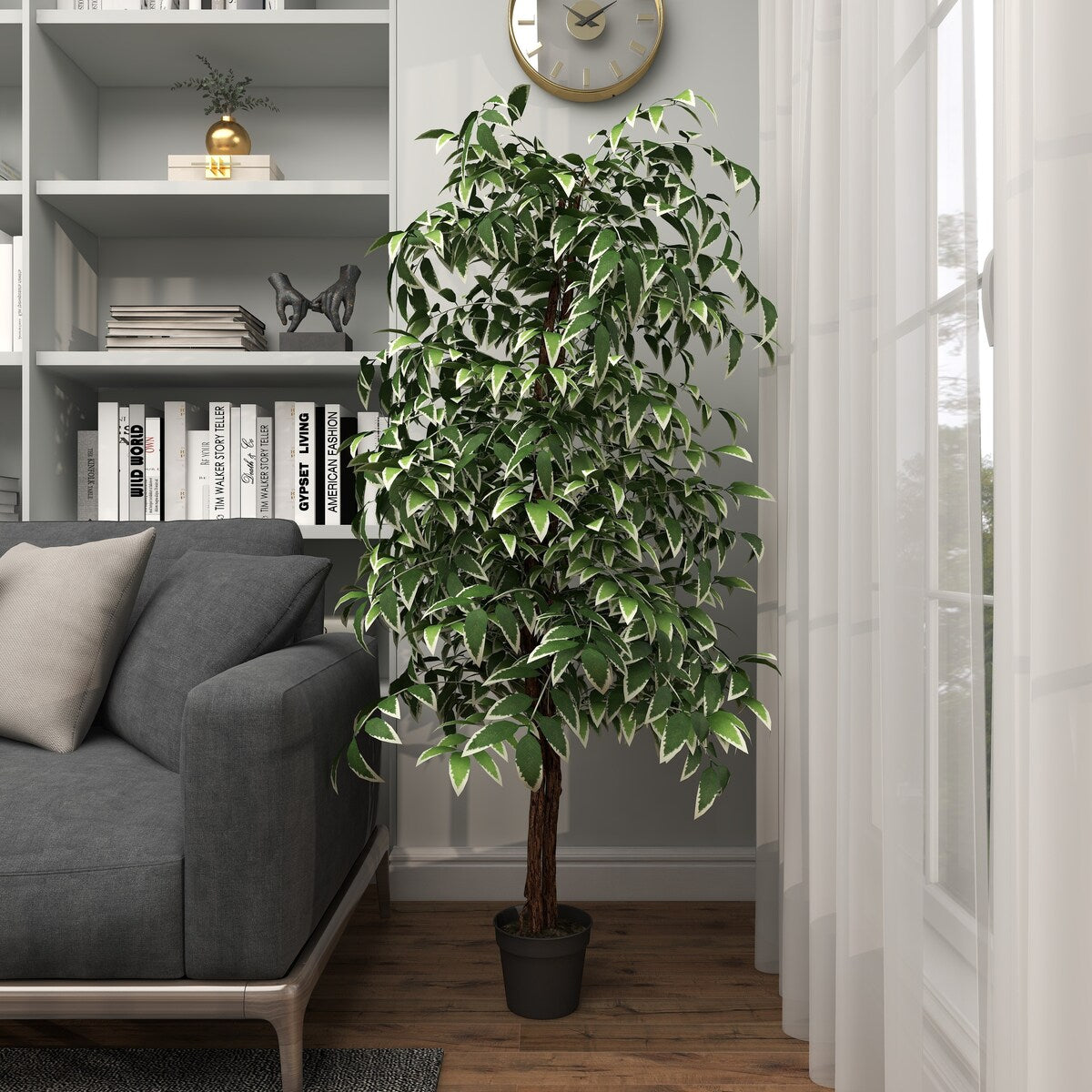 Faux Foliage Ficus Artificial Tree with Realistic Leaves and Black Plastic Pot - Green - Roche River Decor