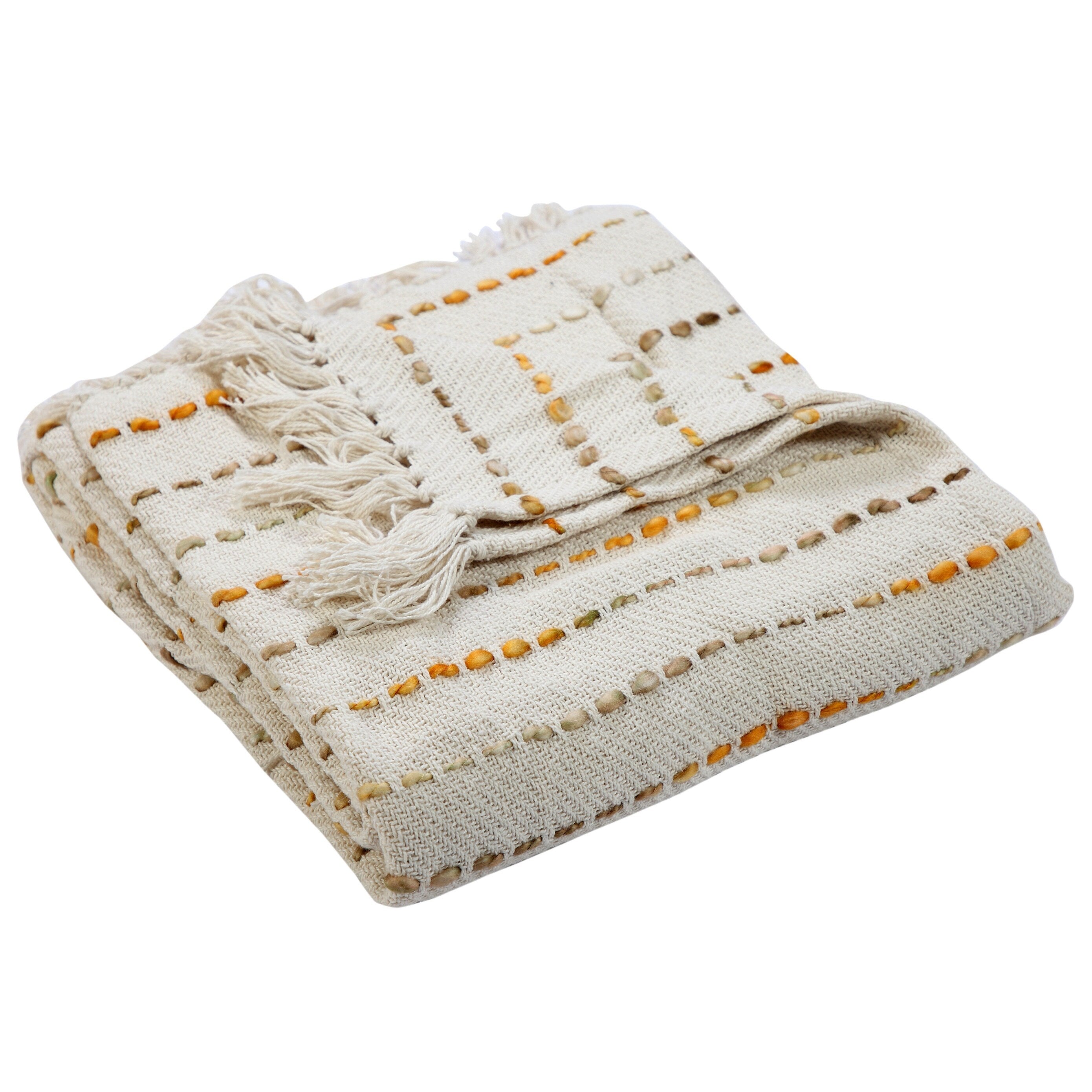 Sevita Hand-Woven Natural Cotton Striped Standard Size Throw Blanket with Fringe