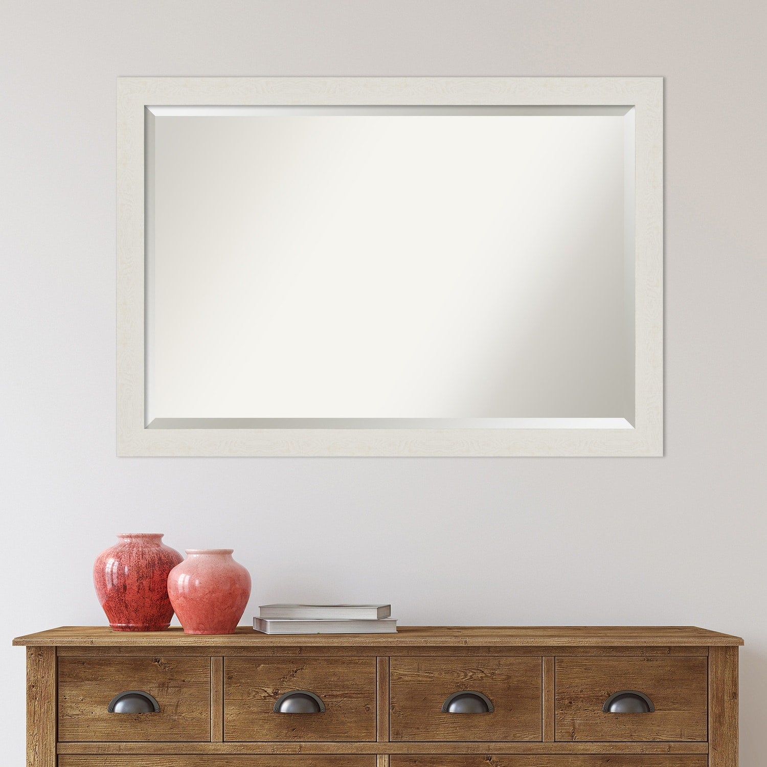 Beveled Bathroom Wall Mirror - Rustic Plank White Narrow Frame