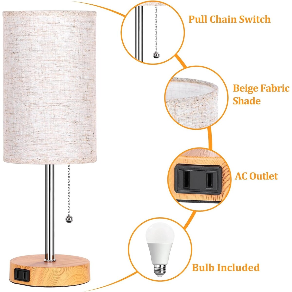 Table Lamp for Bedroom, 3-Color Bedside Lamps with Pull Chain, Bedroom Table Lamps for Nightstand, Bulb Included