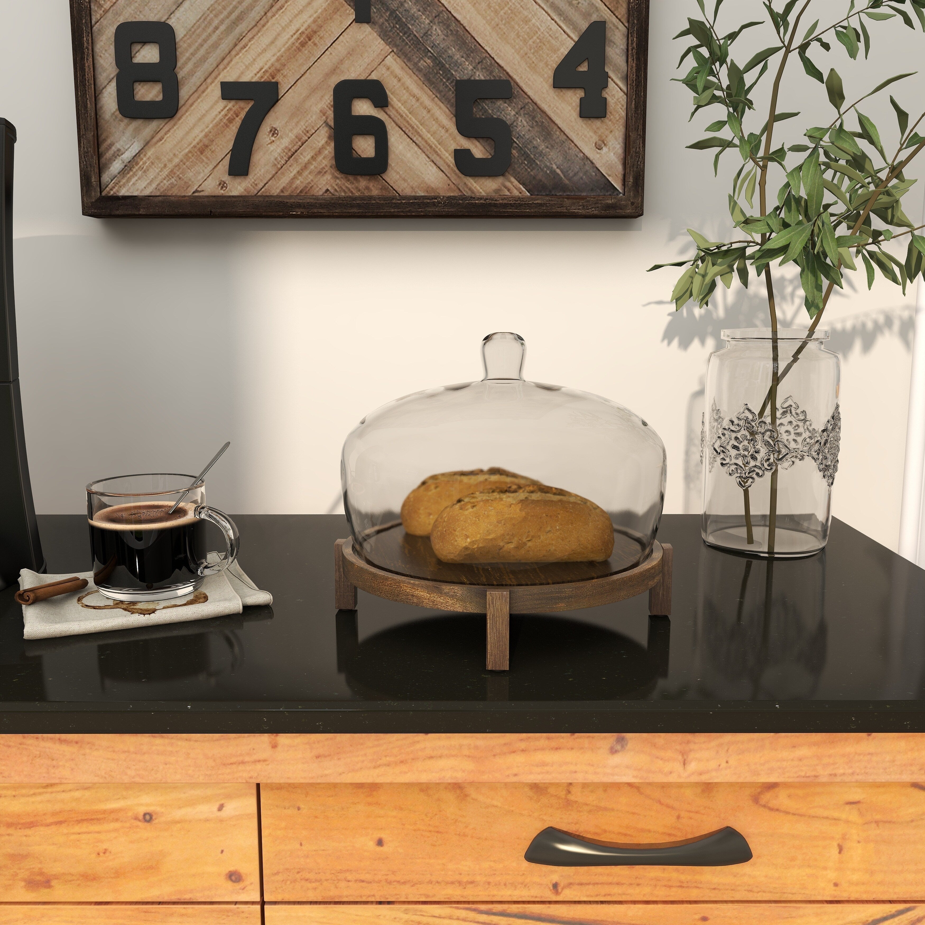 Dark Brown Mango Wood Cake Stand with Glass Cloche