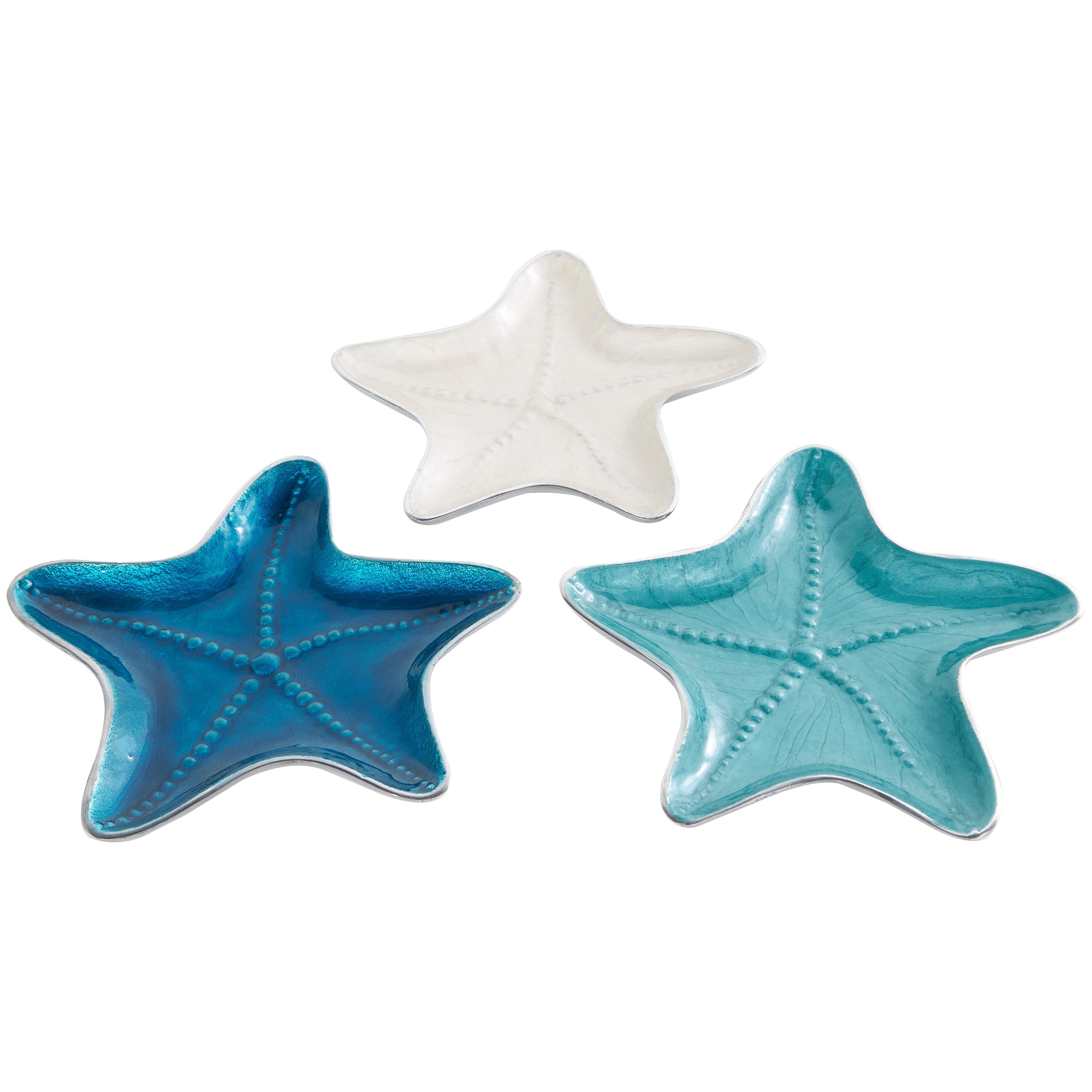 Multi Colored Aluminum Metal Handmade Enameled Starfish Decorative Bowl with Bubble Design and Silver Bases (Set of 3)