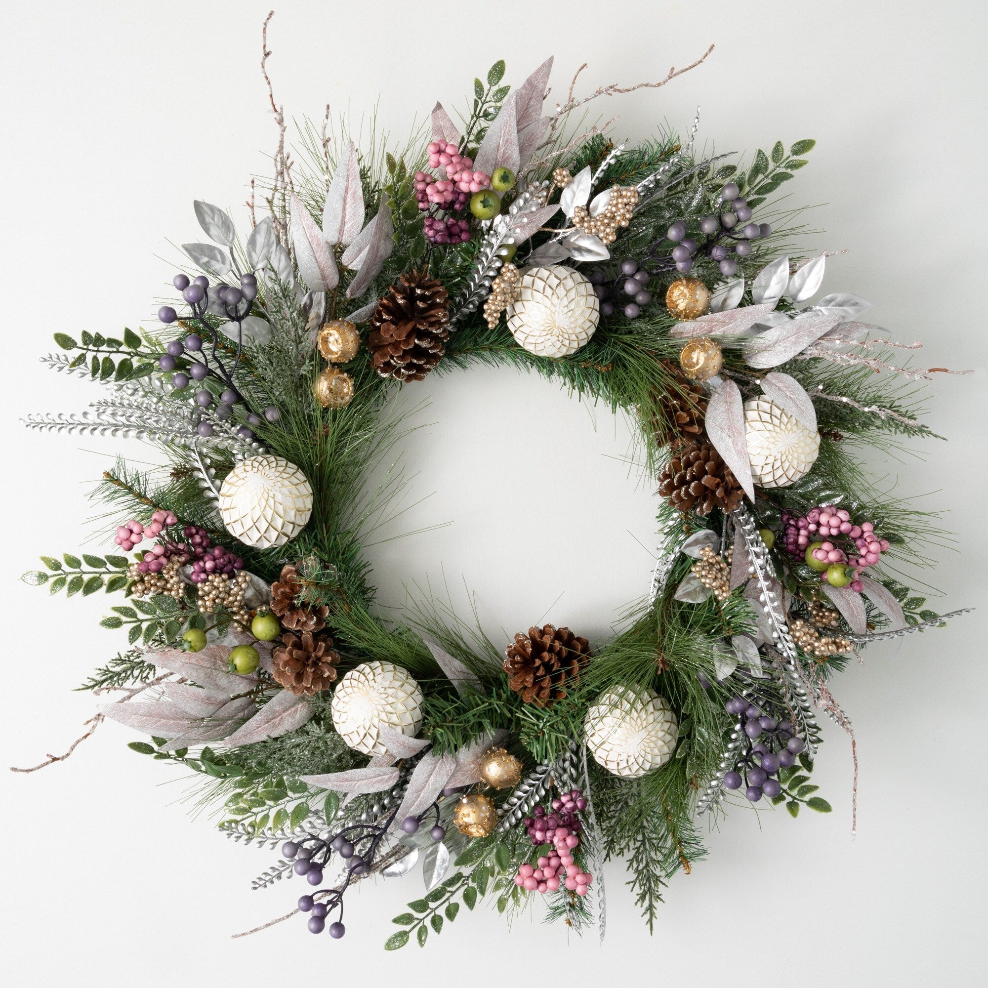 Sullivans Artificial Mixed Ball Pine Christmas Wreath, Multicolored