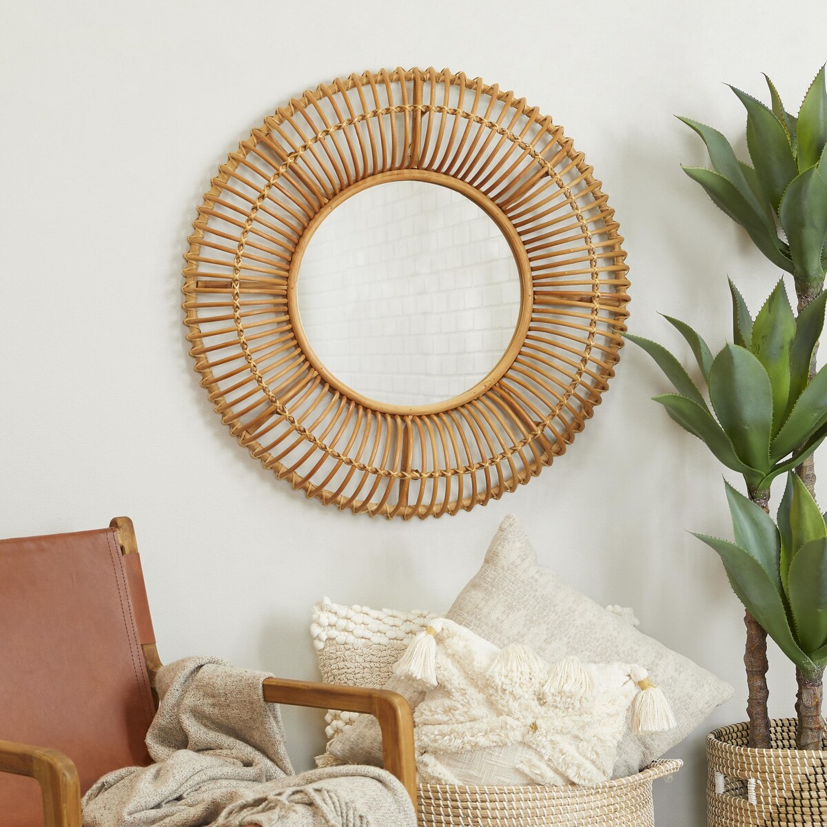 Rattan Handmade Woven Room Wall Mirror - Brown - Roche River Decor