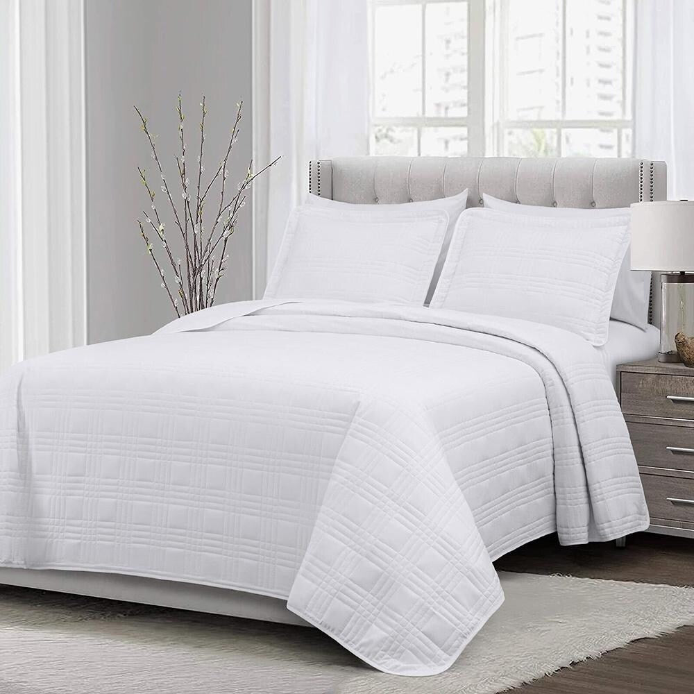 3pc King Size Quilted Bedspread Coverlet Set White