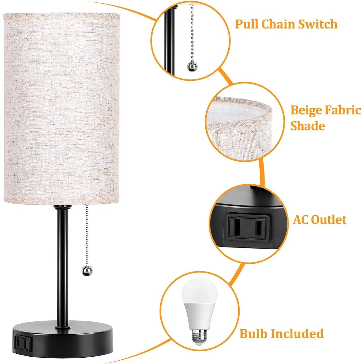 Table Lamp for Bedroom, 3-Color Bedside Lamps with Pull Chain, Bedroom Table Lamps for Nightstand, Bulb Included