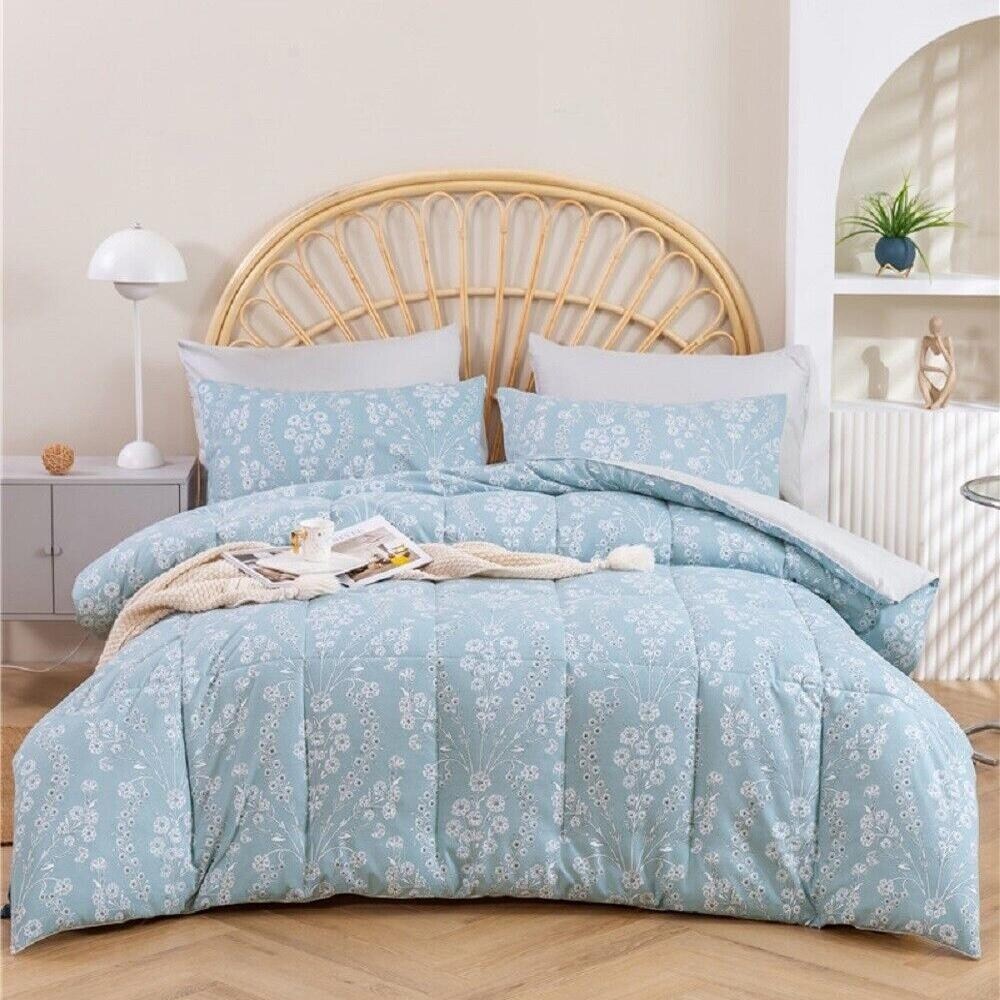 3pcs King Size Floral Comforter Sets Reversible Blue