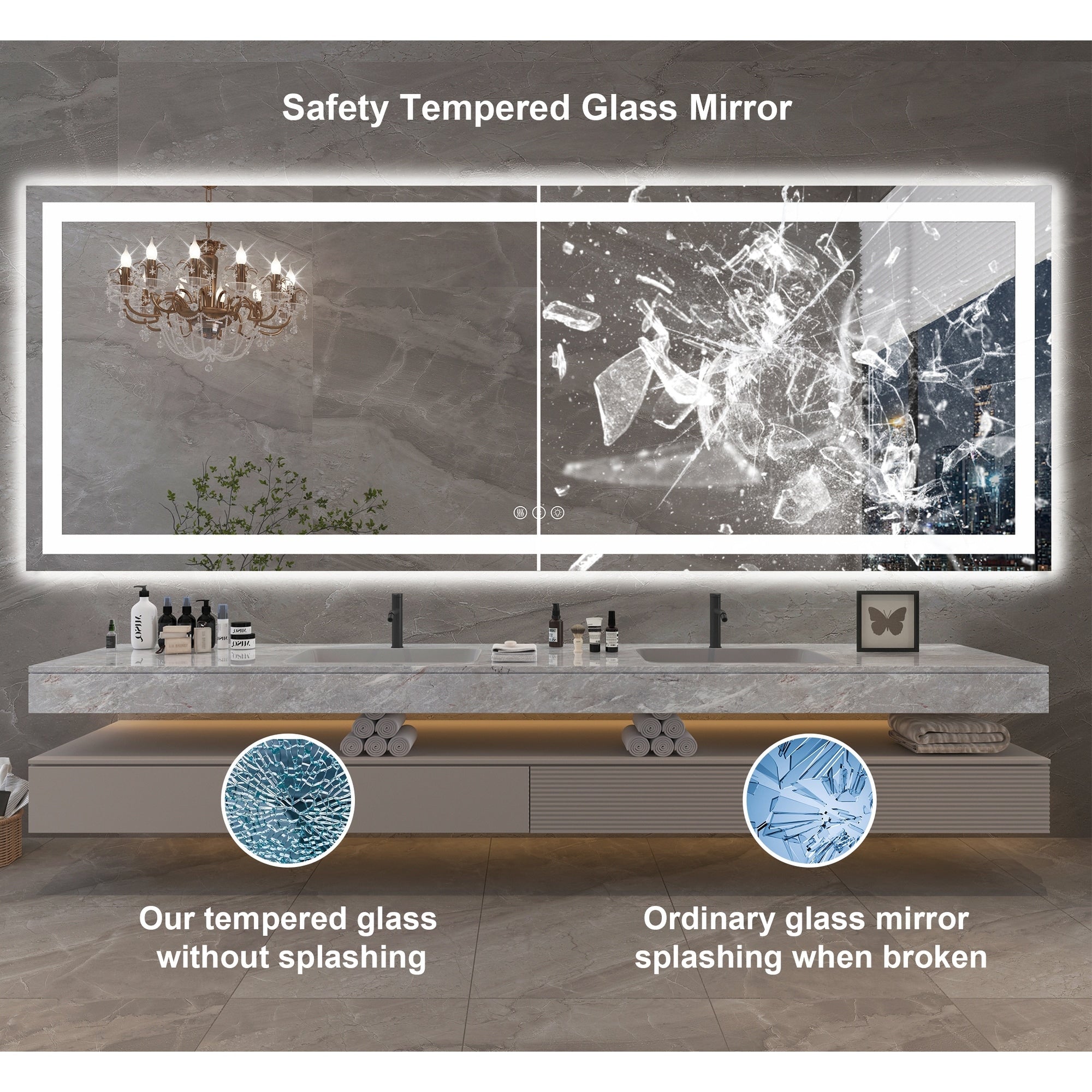 Large Rectangular Frameless Anti-Fog LED Light Wall Mounted Bathroom Vanity Mirror in White - N/A