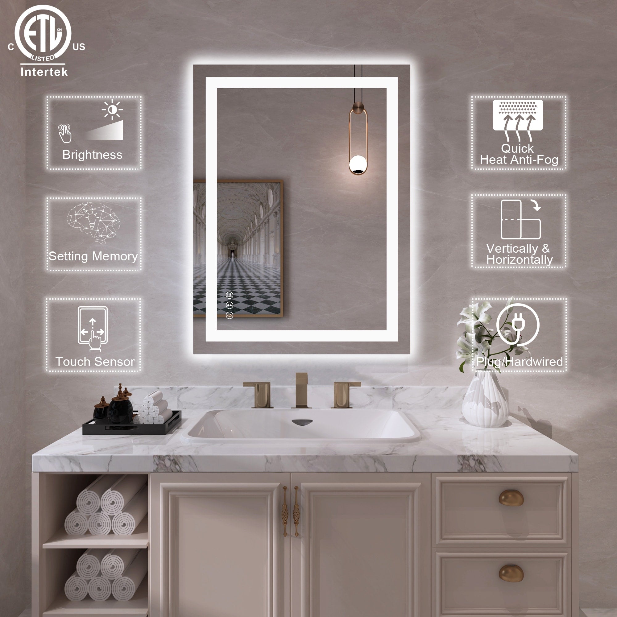 Large Rectangular Frameless Anti-Fog LED Light Wall Mounted Bathroom Vanity Mirror in White - N/A