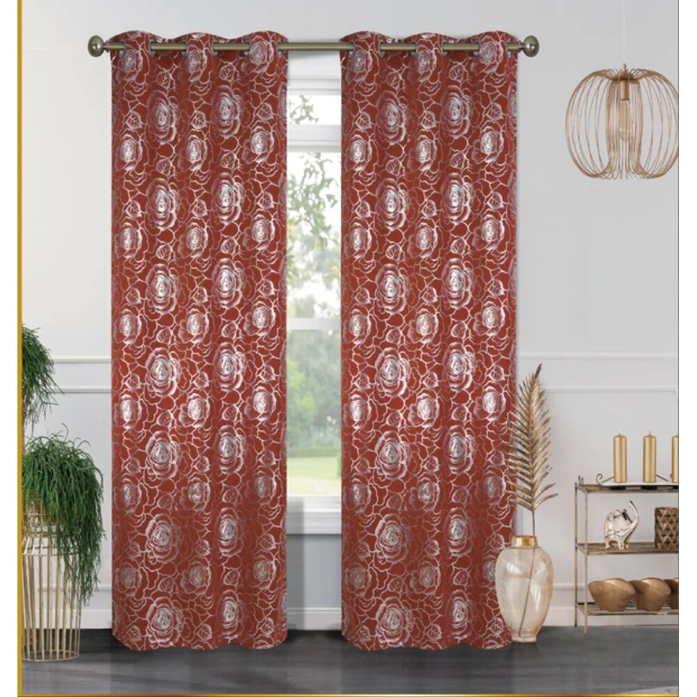 J&V Textiles Floral Metallic Blackout Thermal Grommet Curtain Panels (Set of 2) - Regular