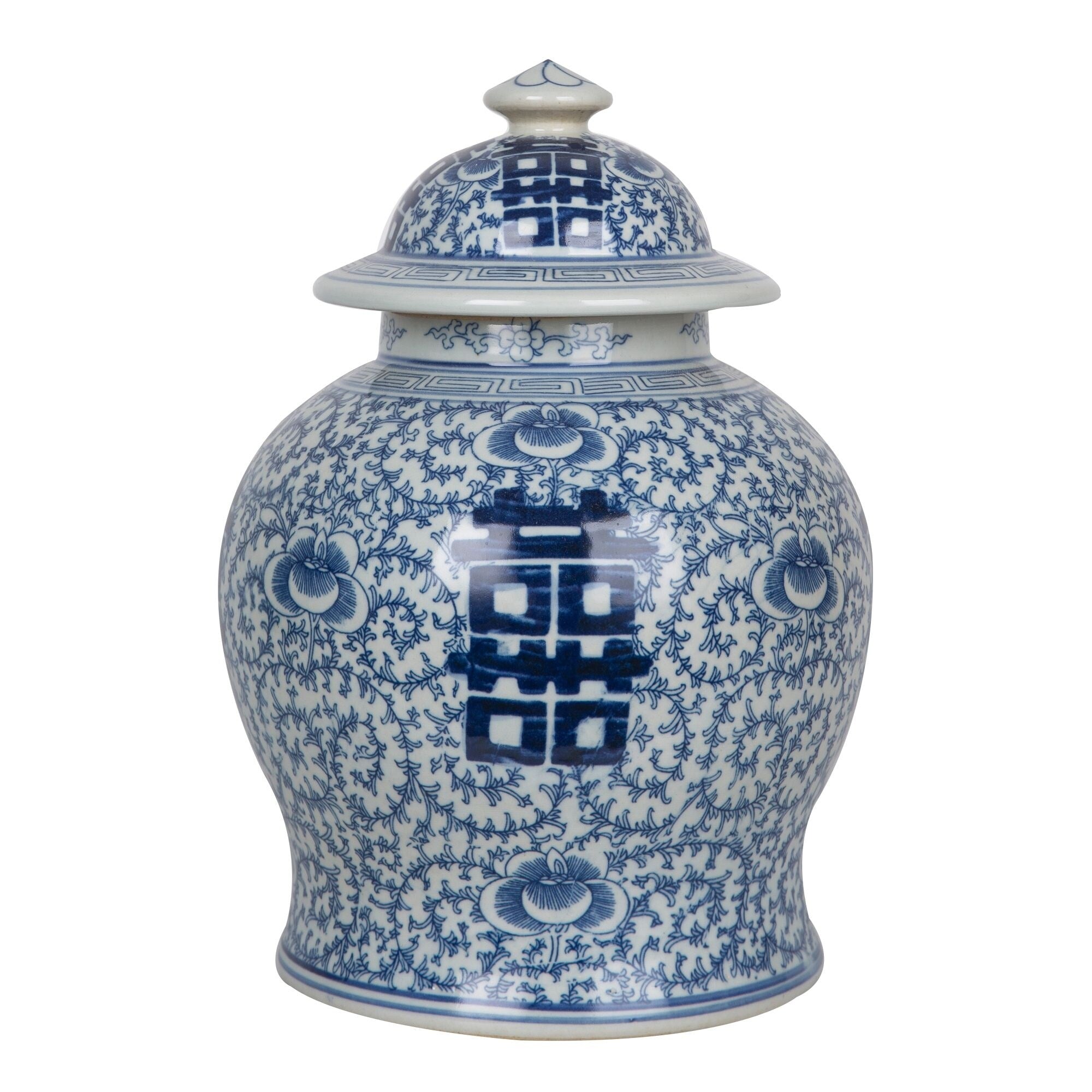 Blue and White Double Happiness Floral Temple Jar - Small