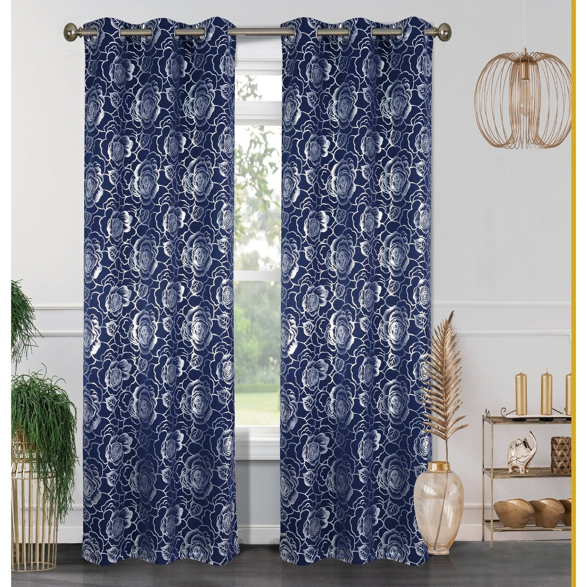 J&V Textiles Floral Metallic Blackout Thermal Grommet Curtain Panels (Set of 2) - Regular