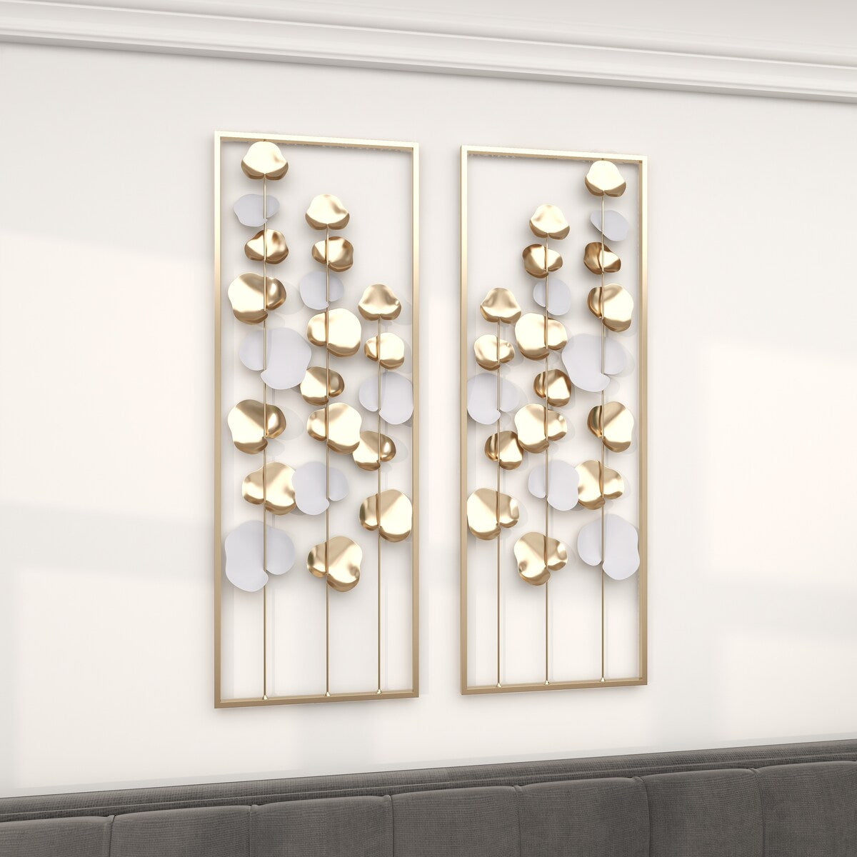 Metal Floral Long Stem Home Wall Decor with White Accents - Gold - Roche River Decor