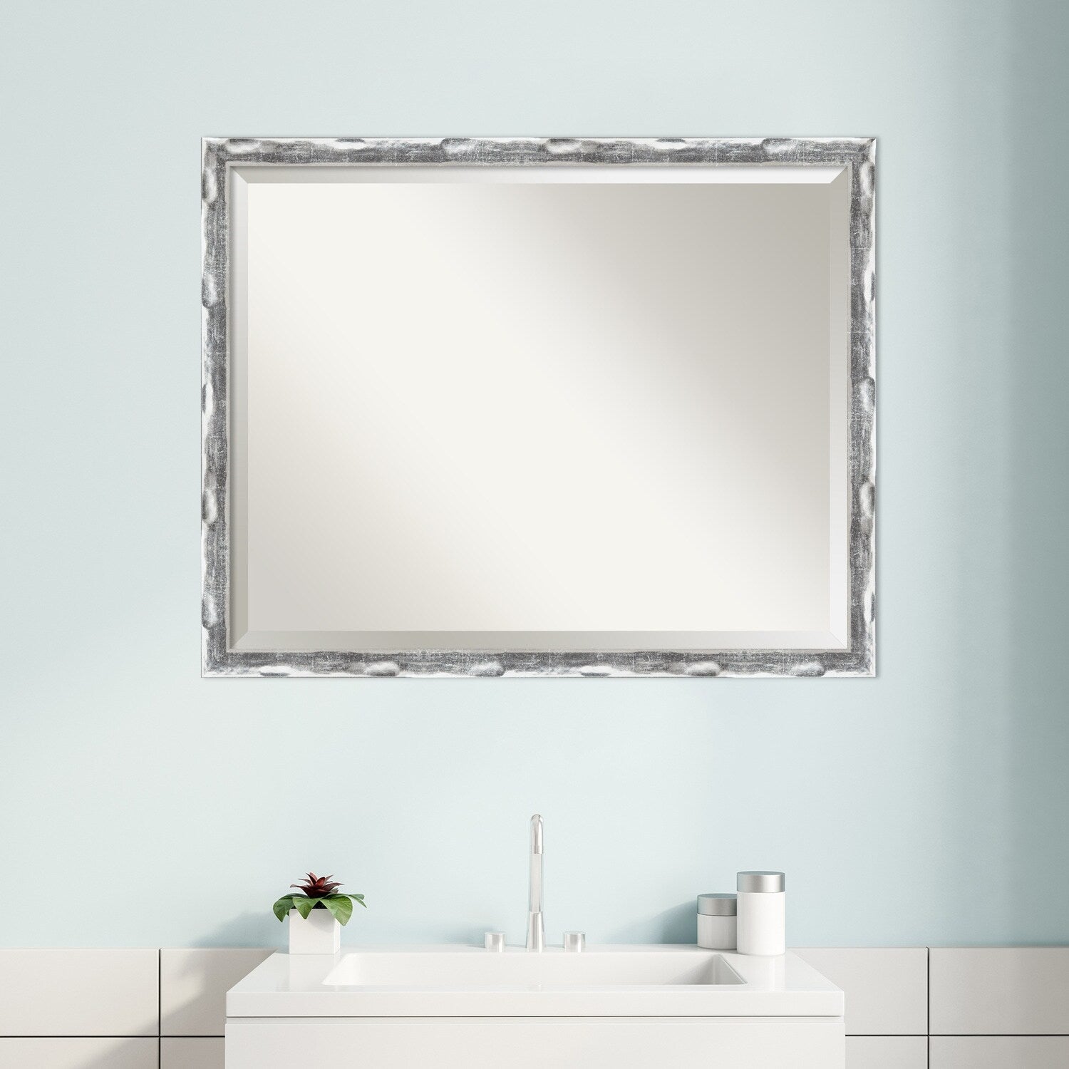 Beveled Bathroom Wall Mirror - Scratched Wave Chrome Frame - Scratched Wave Chrome