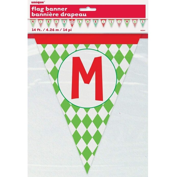 Unique 14 Feet Paper Patterned Merry Christmas Pennant Banner - Green - 14.3 x 11.2 x 4.3