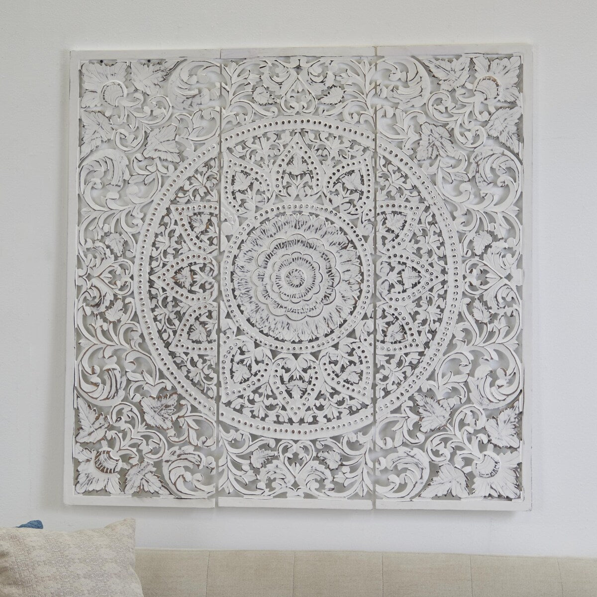 Wooden Floral Handmade Intricately Carved Home Wall Decor with Mandala Design - Set of 3 White - Roche River Decor