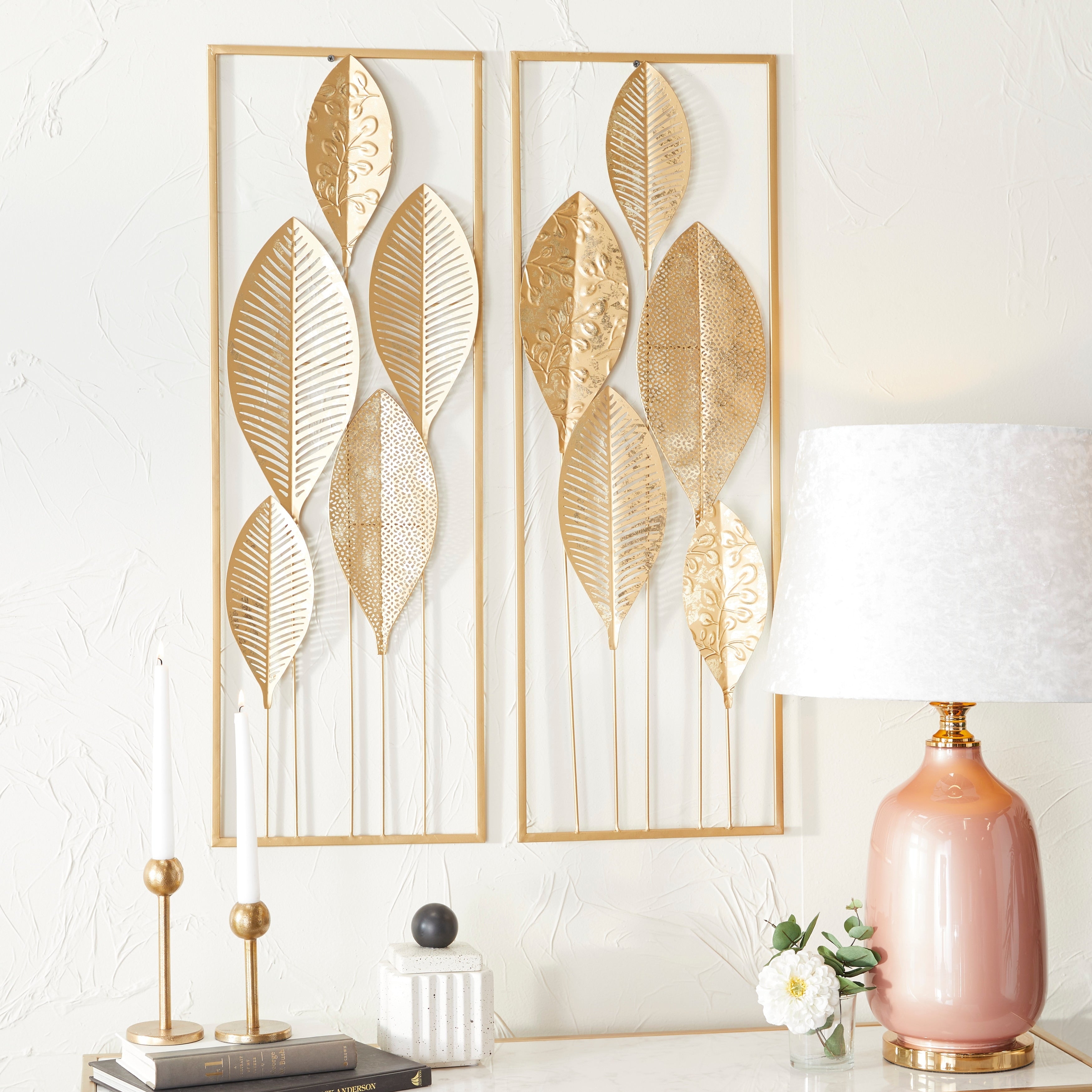 CosmoLiving by Cosmopolitan Gold Metal Tall Cut-Out Leaf Wall Decor with Gold Frame (Set of 2)