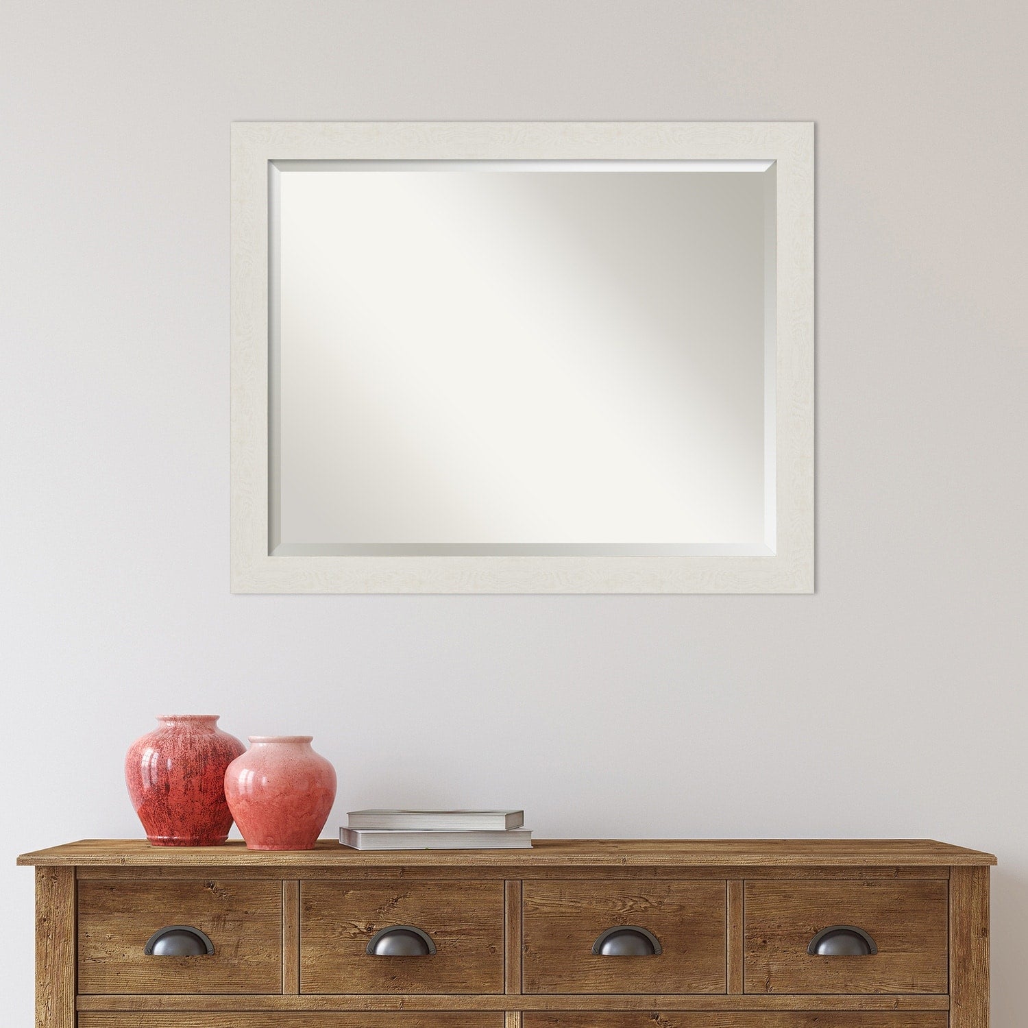 Beveled Bathroom Wall Mirror - Rustic Plank White Narrow Frame