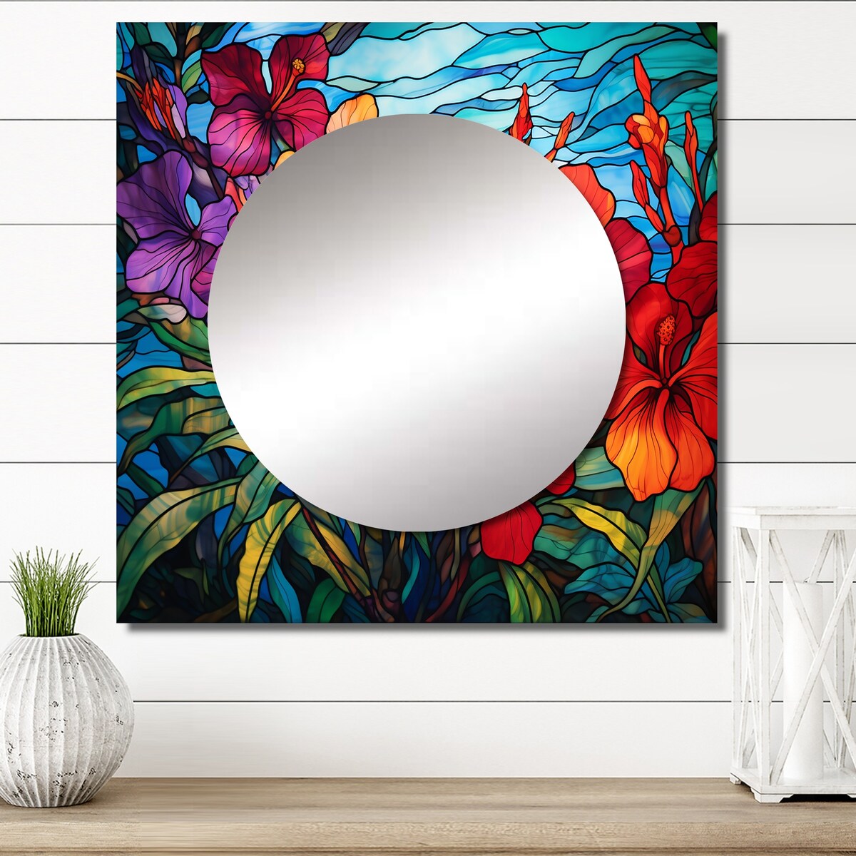 Designart Vibrantly Happy Blossoming Tropical Flowers III Flowers Wall Mirror - Floral Large Square Mirror