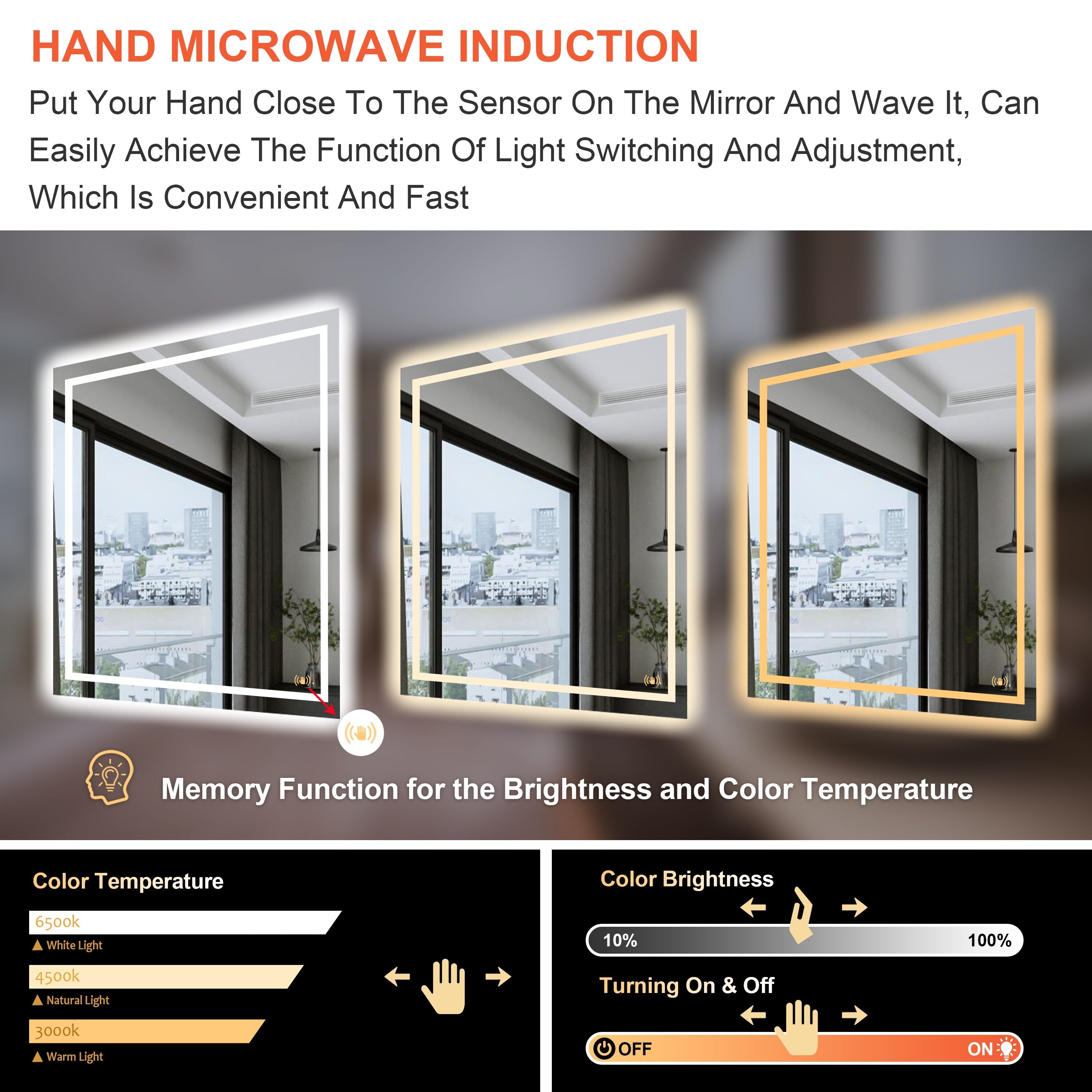 CB HOME LED Bathroom Vanity Mirror, Lighted Wall Mounted Mirror, Hand Wave Sensor Dimmable Backlit Frameless Mirror