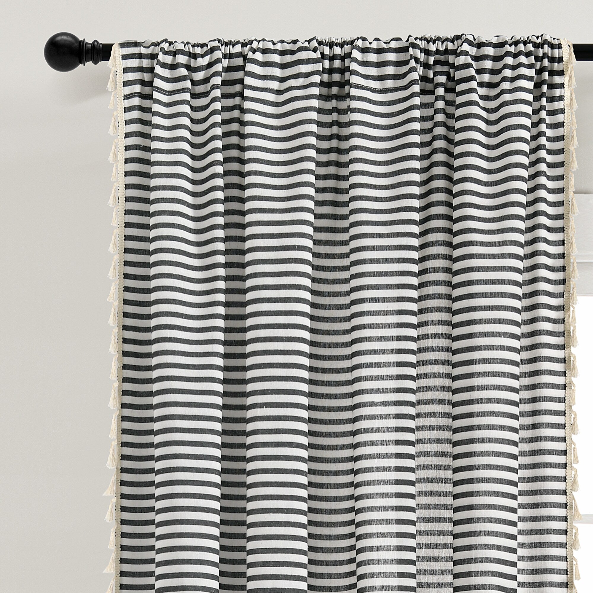 Lush Decor Boho Coastal Horizontal Ticking Stripe Tassel Window Curtain Panels