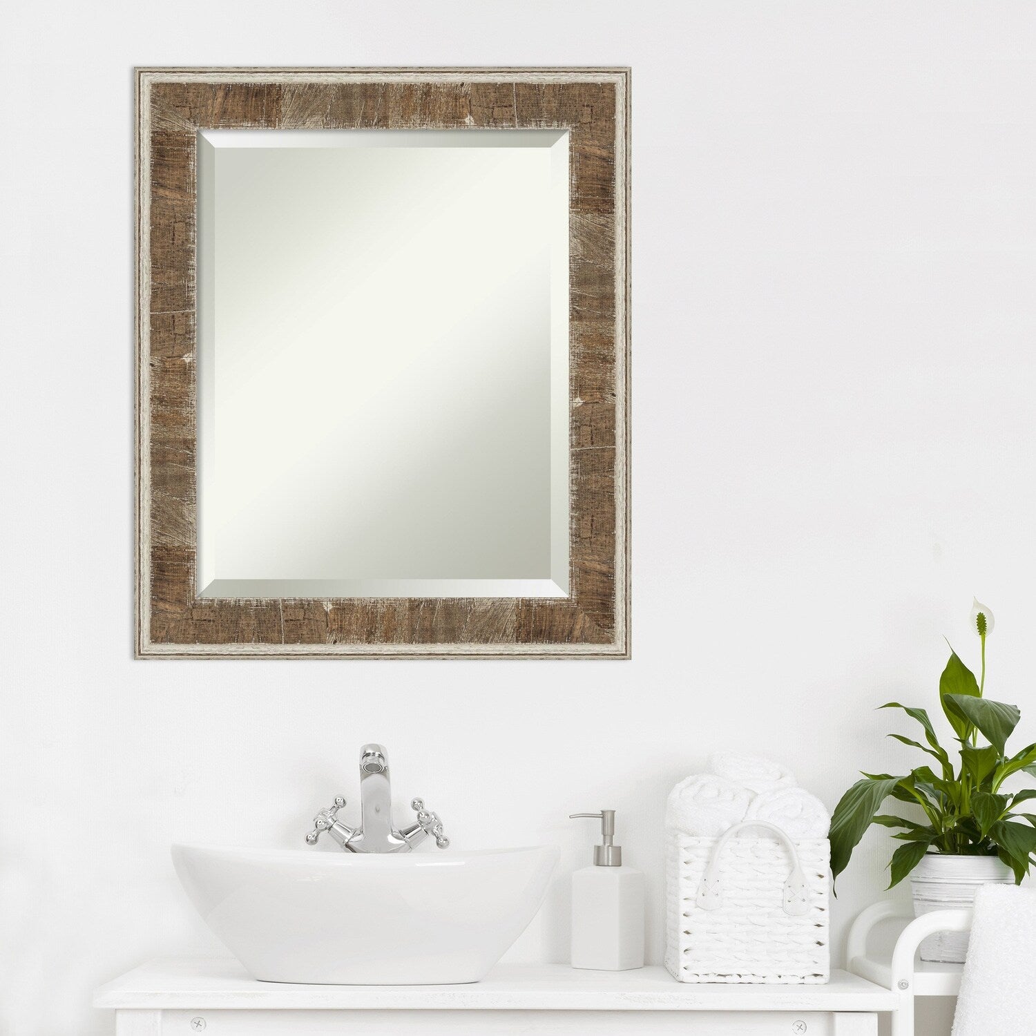 Beveled Wood Bathroom Wall Mirror - Farmhouse Brown Narrow Frame