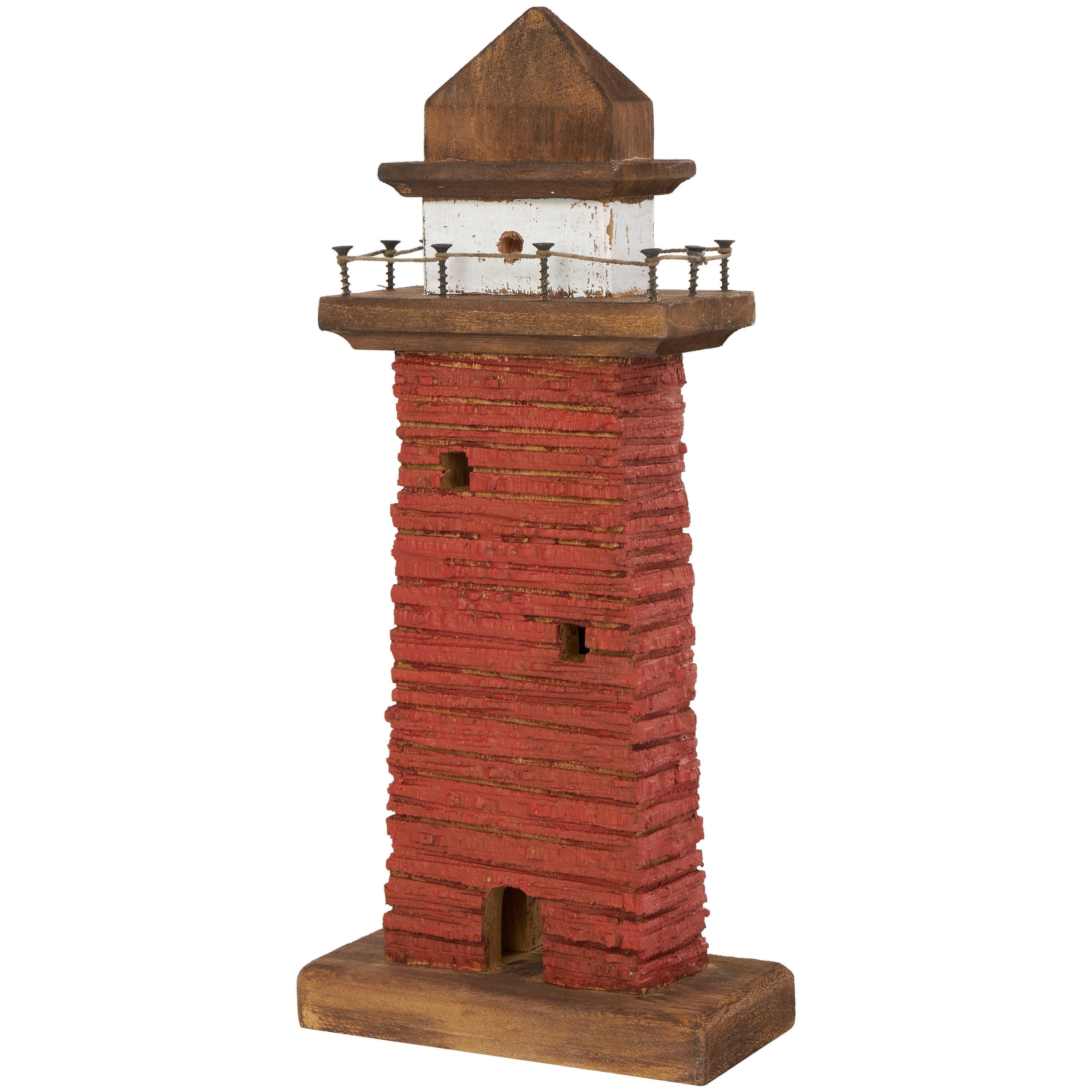 Red Wood Distressed Light House Decorative Sculpture with Cream and Brown Accents (Set of 2)