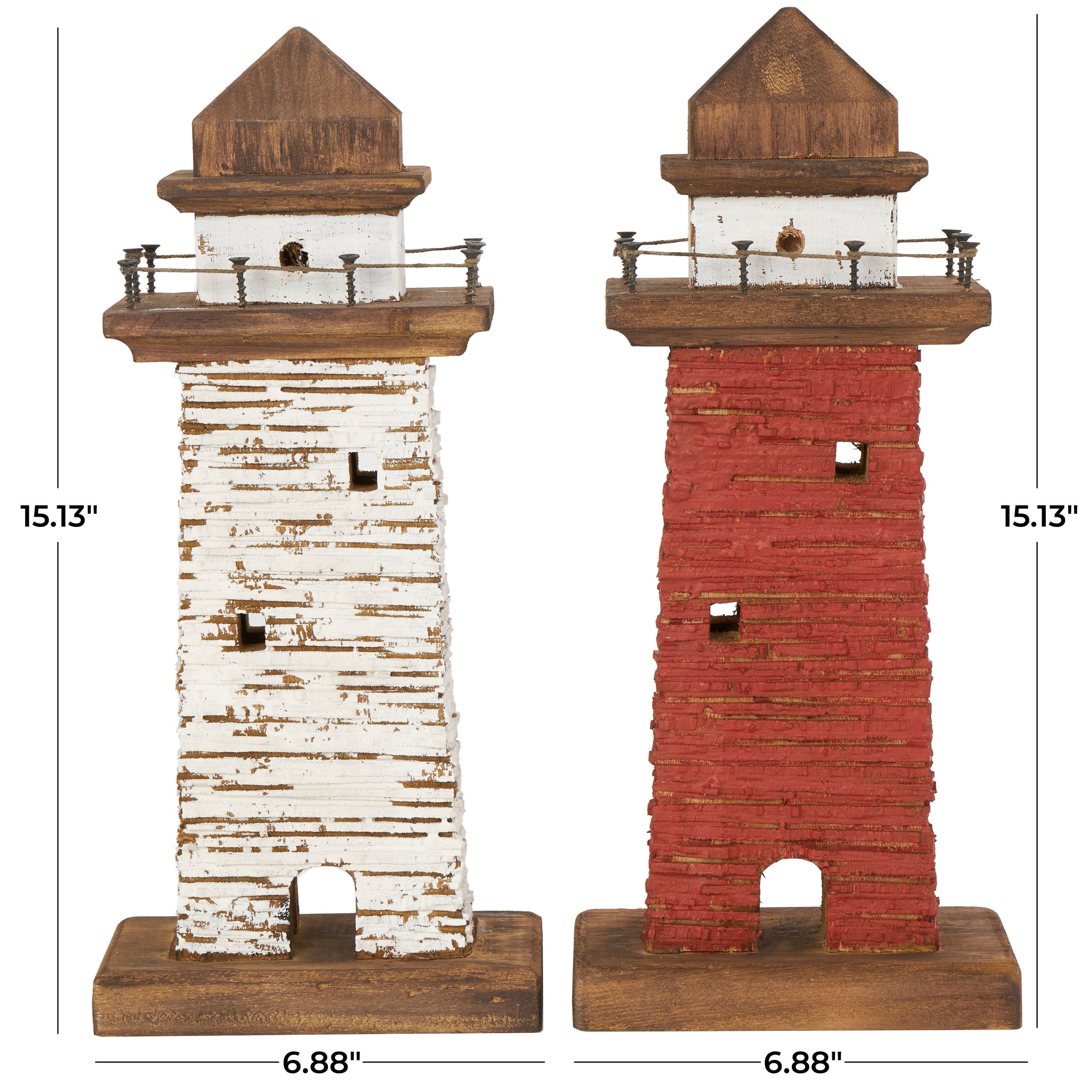 Red Wood Distressed Light House Decorative Sculpture with Cream and Brown Accents (Set of 2)