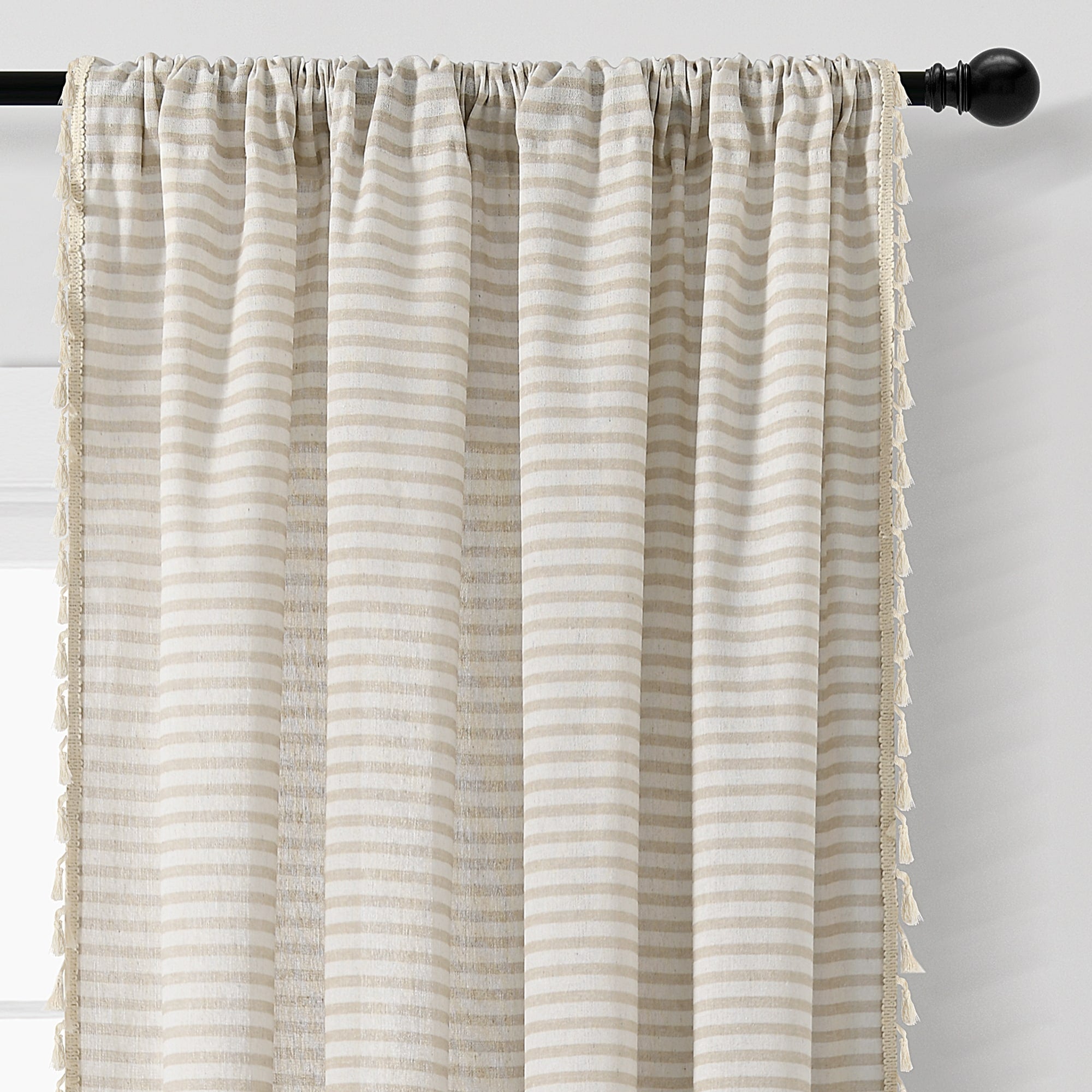 Lush Decor Boho Coastal Horizontal Ticking Stripe Tassel Window Curtain Panels