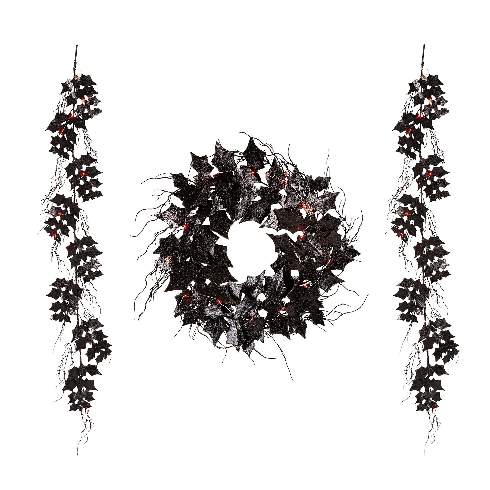 Glitzhome LED Lighted Black Halloween Bat Garland Wreath Wall Decor