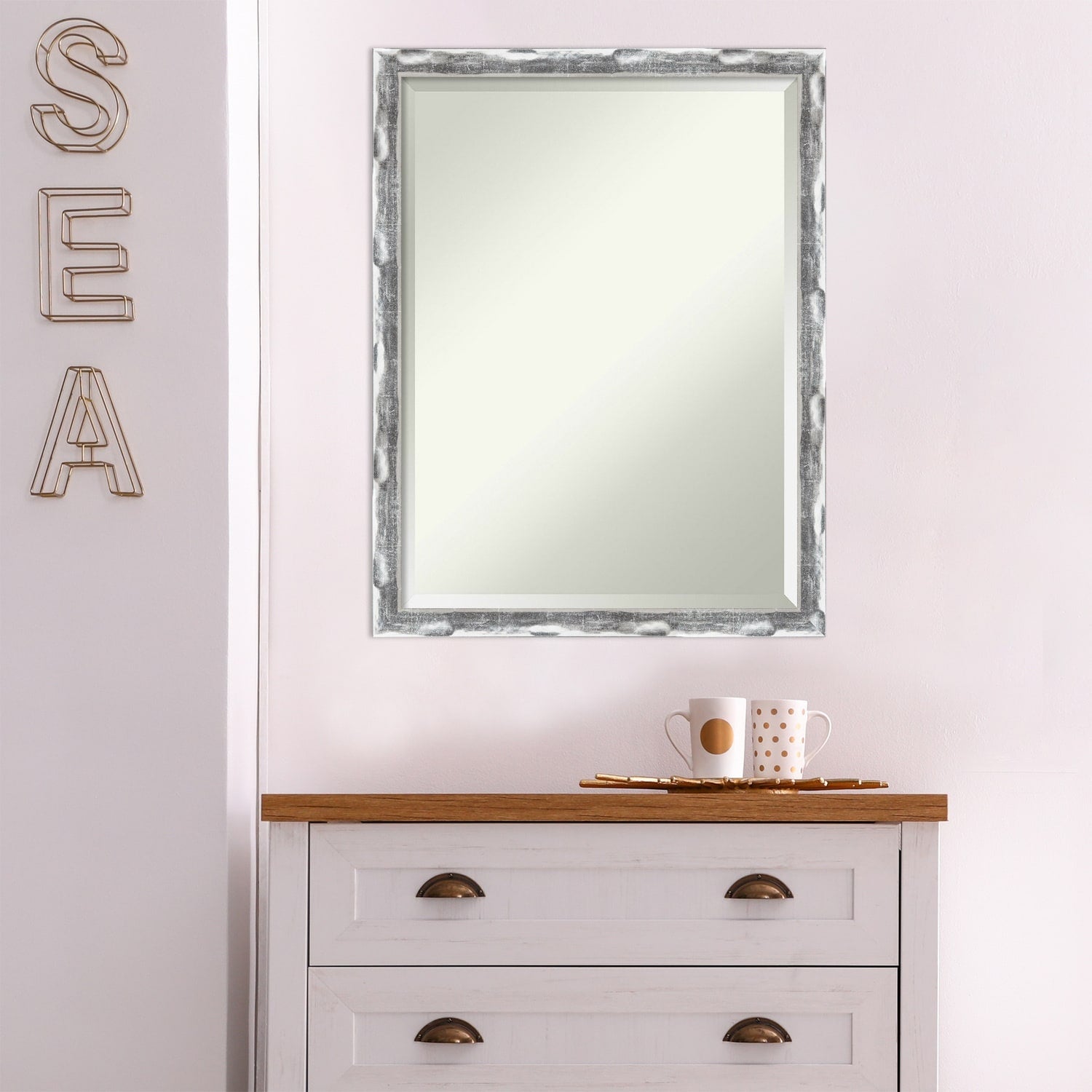 Beveled Bathroom Wall Mirror - Scratched Wave Chrome Frame - Scratched Wave Chrome