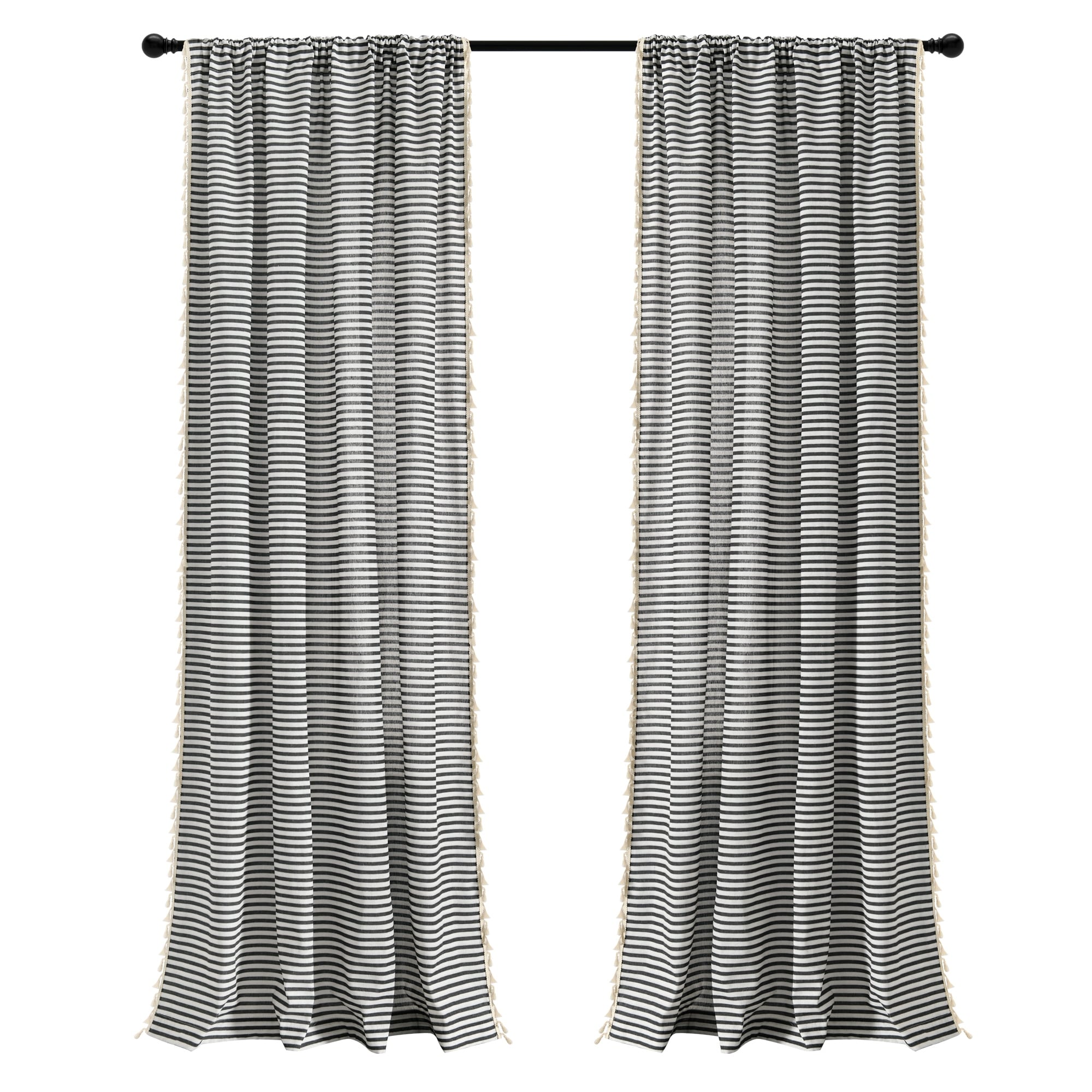 Lush Decor Boho Coastal Horizontal Ticking Stripe Tassel Window Curtain Panels