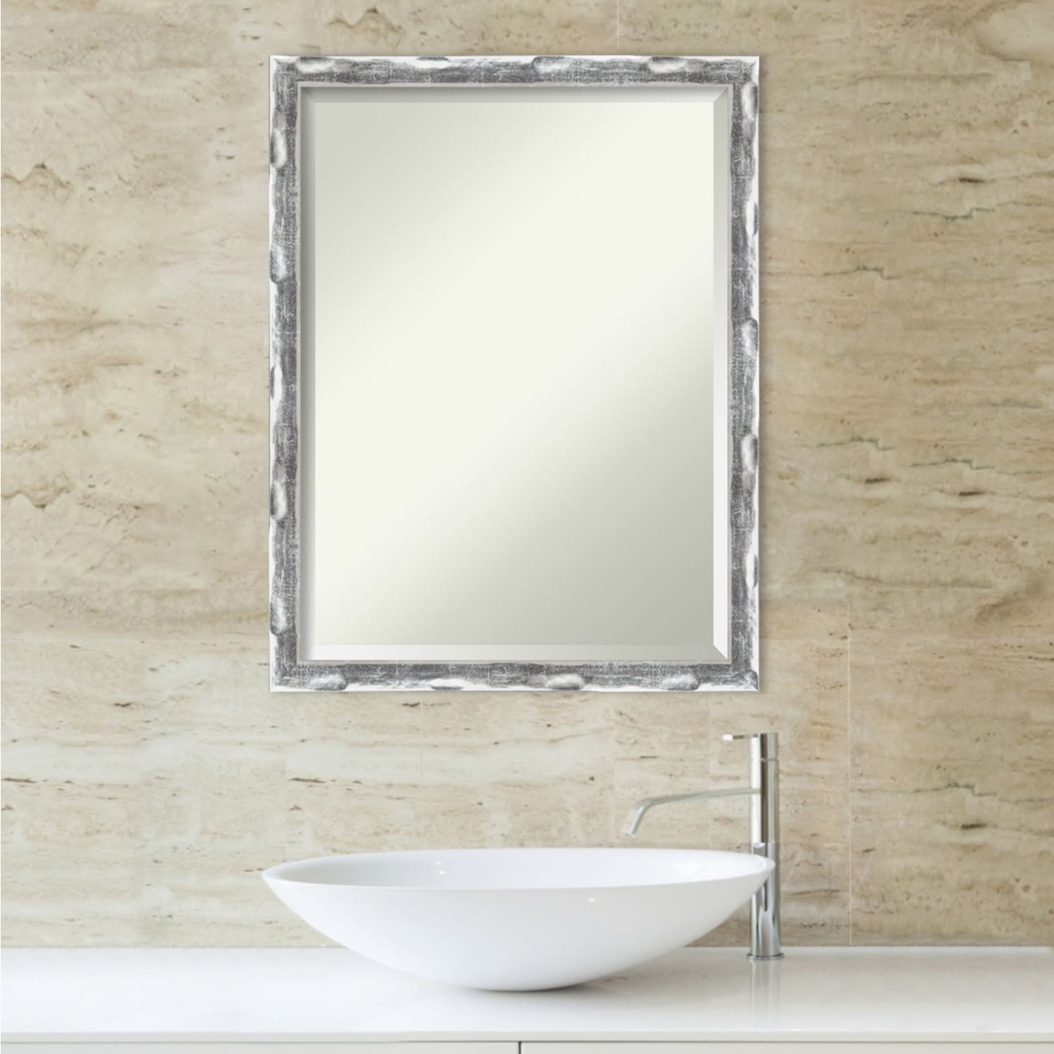 Beveled Bathroom Wall Mirror - Scratched Wave Chrome Frame - Scratched Wave Chrome