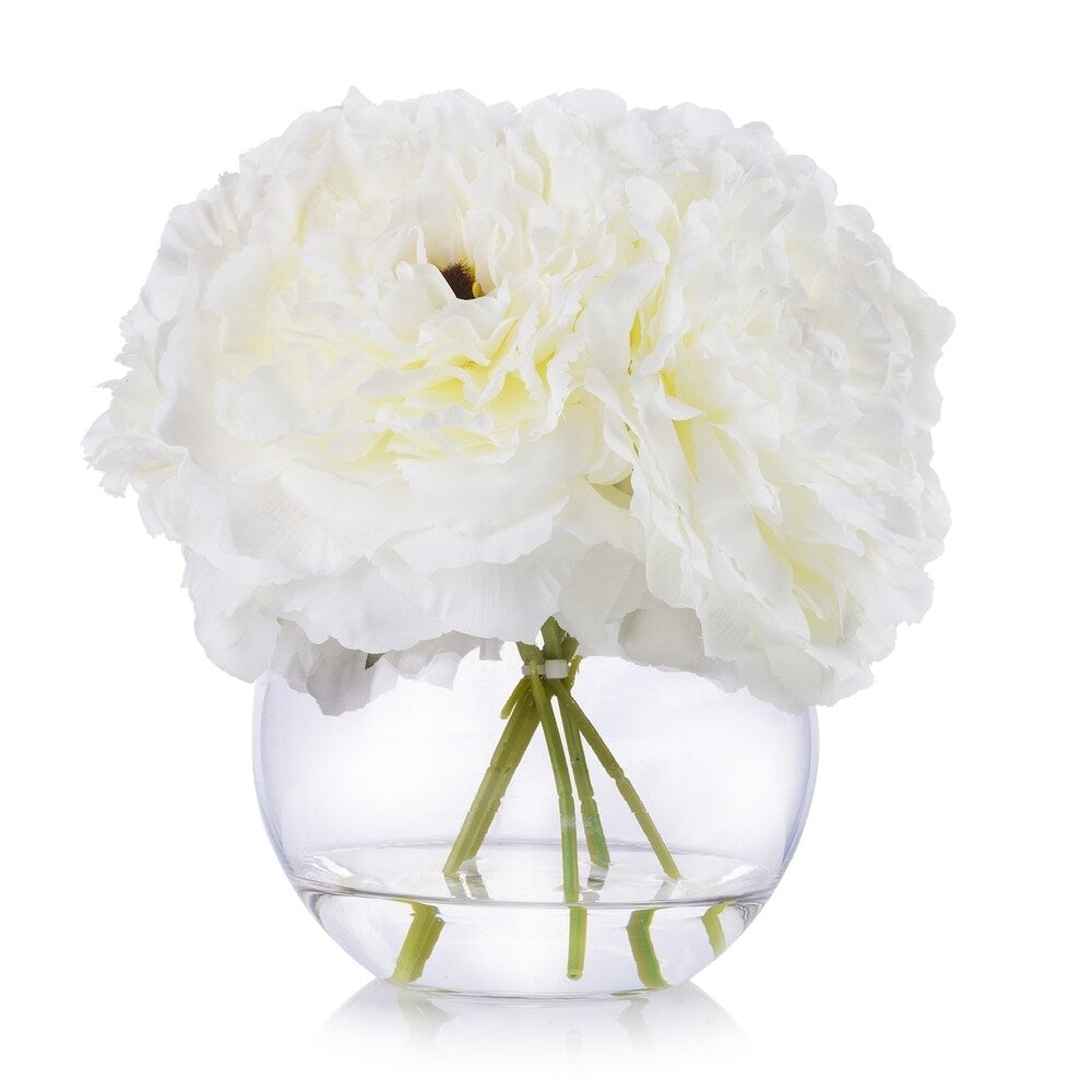 Enova Home 5 Heads Large Artificial Silk Peony Fake Flowers Arrangement in Clear Glass Vase with Faux Water for Home Decoration