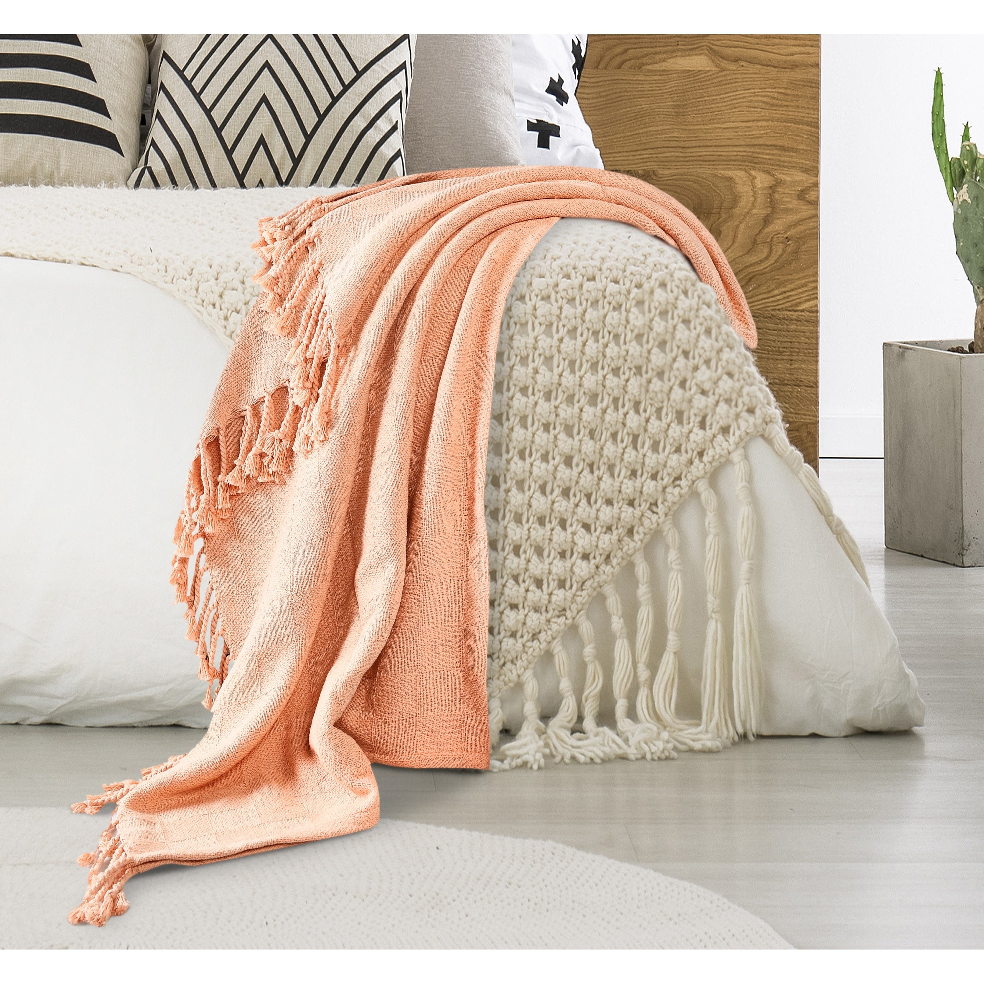 Sevita Checkered Weave Light Standard Size Throw Blanket with Fringe